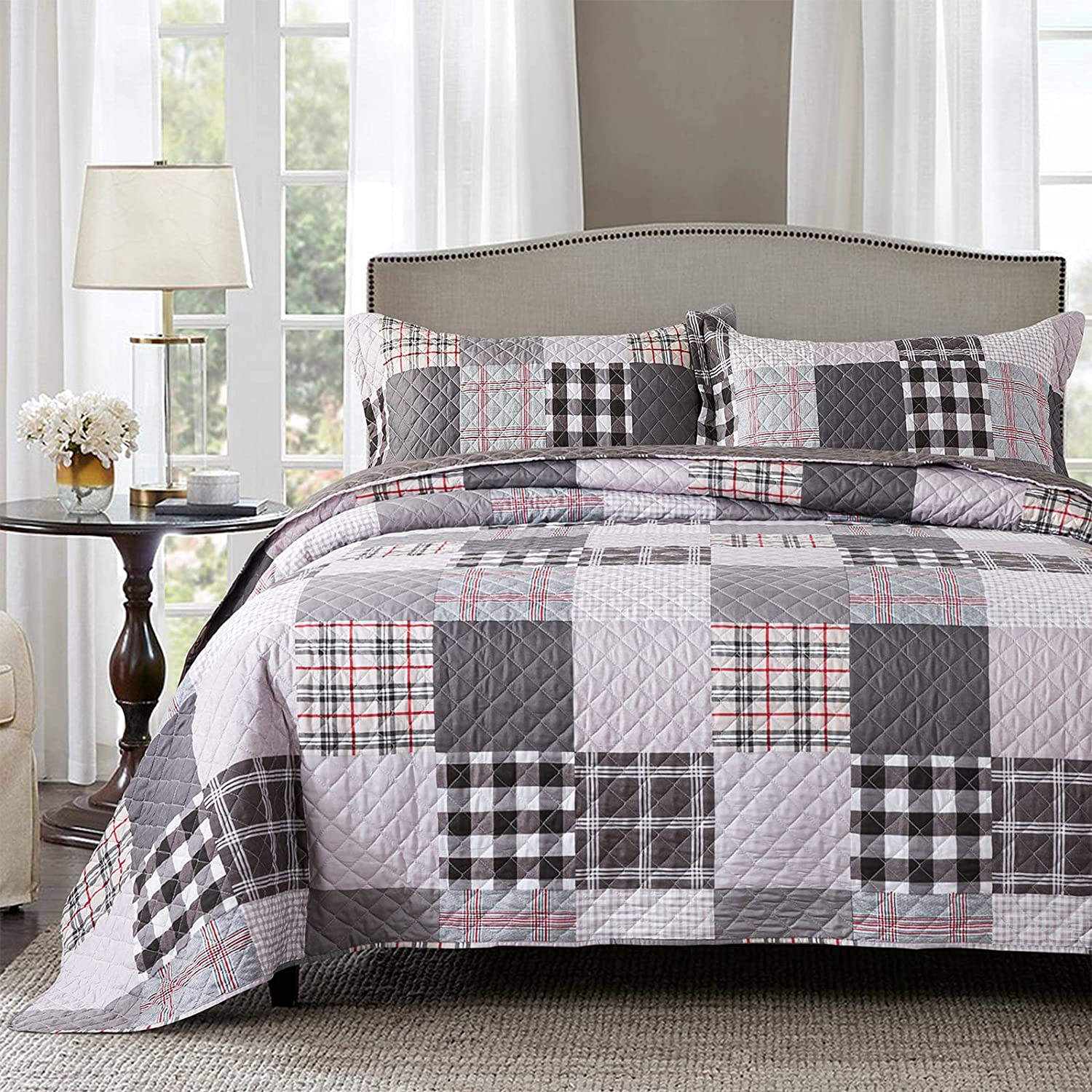 Price:$39.99 Plaid Bedspread Quilt Set - 3 Piece Microfiber Bedspreads Luxurious Coverlet Lightweight Bedcover Warm Bedding Set All Season Quilts-King : Home & Kitchen