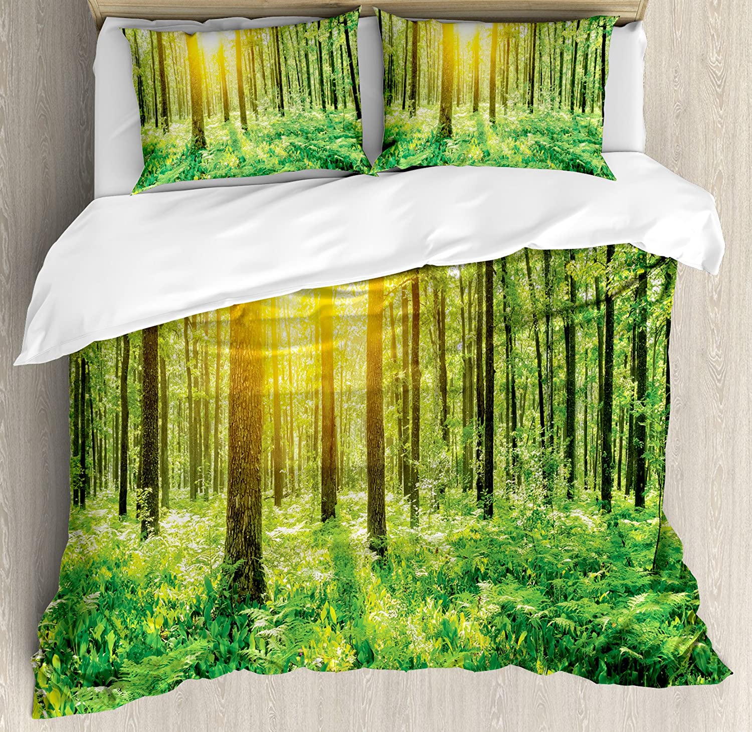 Price:$89.95 Woodland Duvet Cover Set, Forest Springtime Freshness Theme Foliage Sunbeams Sunrise Nature View Scene, Decorative 3 Piece Bedding Set with 2 Pillow Shams, King Size, Yellow Green : Home & Kitchen