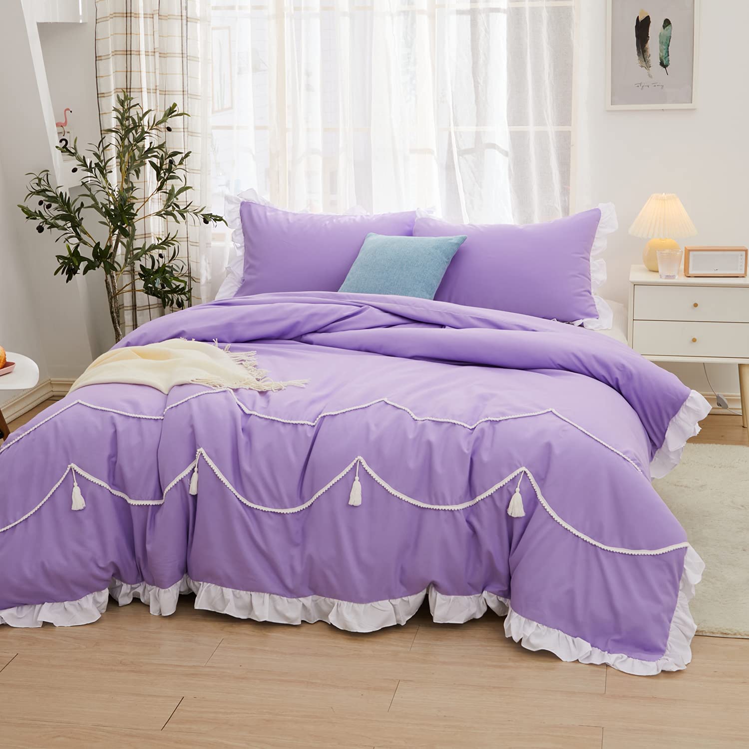 Price:$39.99 Purple Down Duvet Cover (Double)-Boho Bedding Duvet Cover 3 Piece Set 100% Microfiber Bedding Set Ruffle Quilt Cover with Zipper : Home & Kitchen