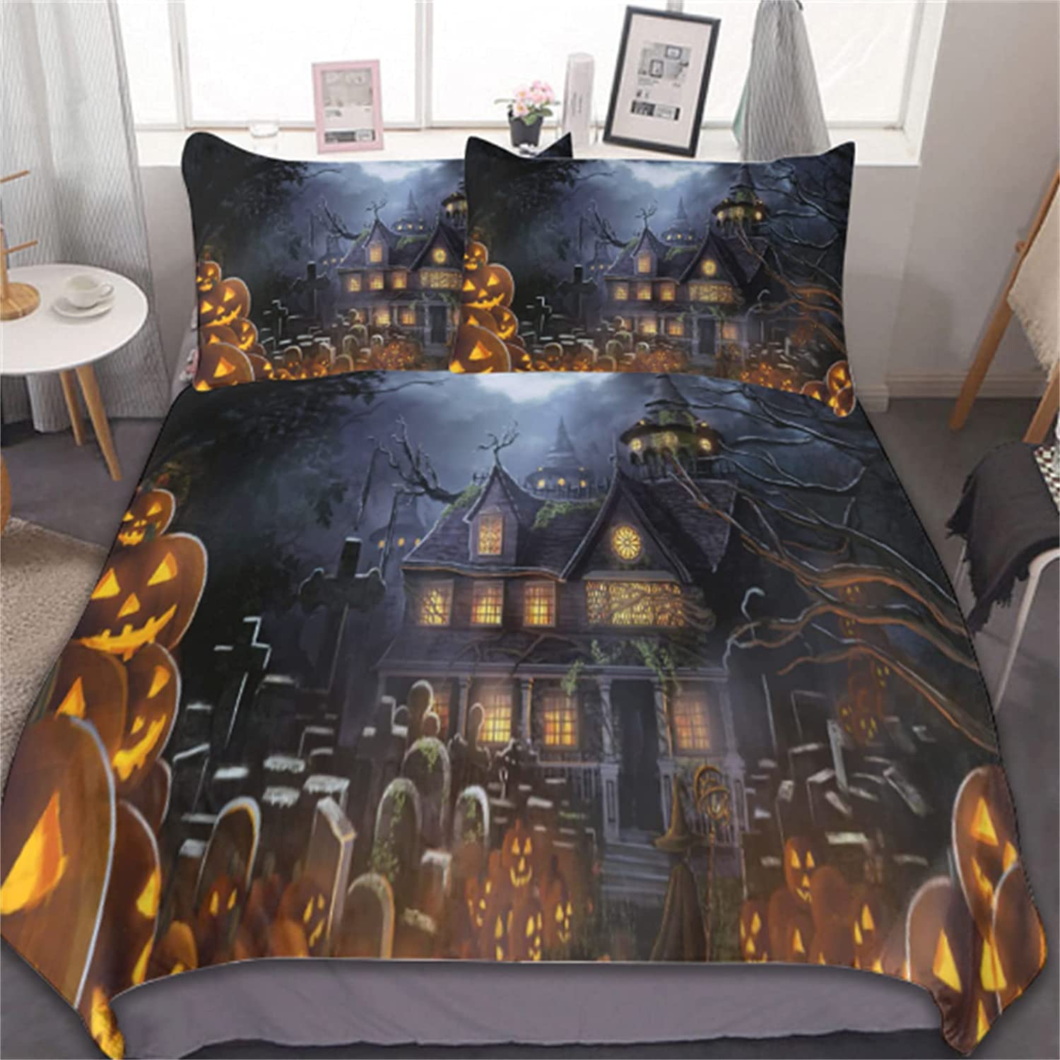 Price:$20.99 Cemetery Bedding Set Pumpkin Lanterns Comforter Horror Theme Queen Size Quilt Duvet Cover with 2 Pillowcases : Home & Kitchen