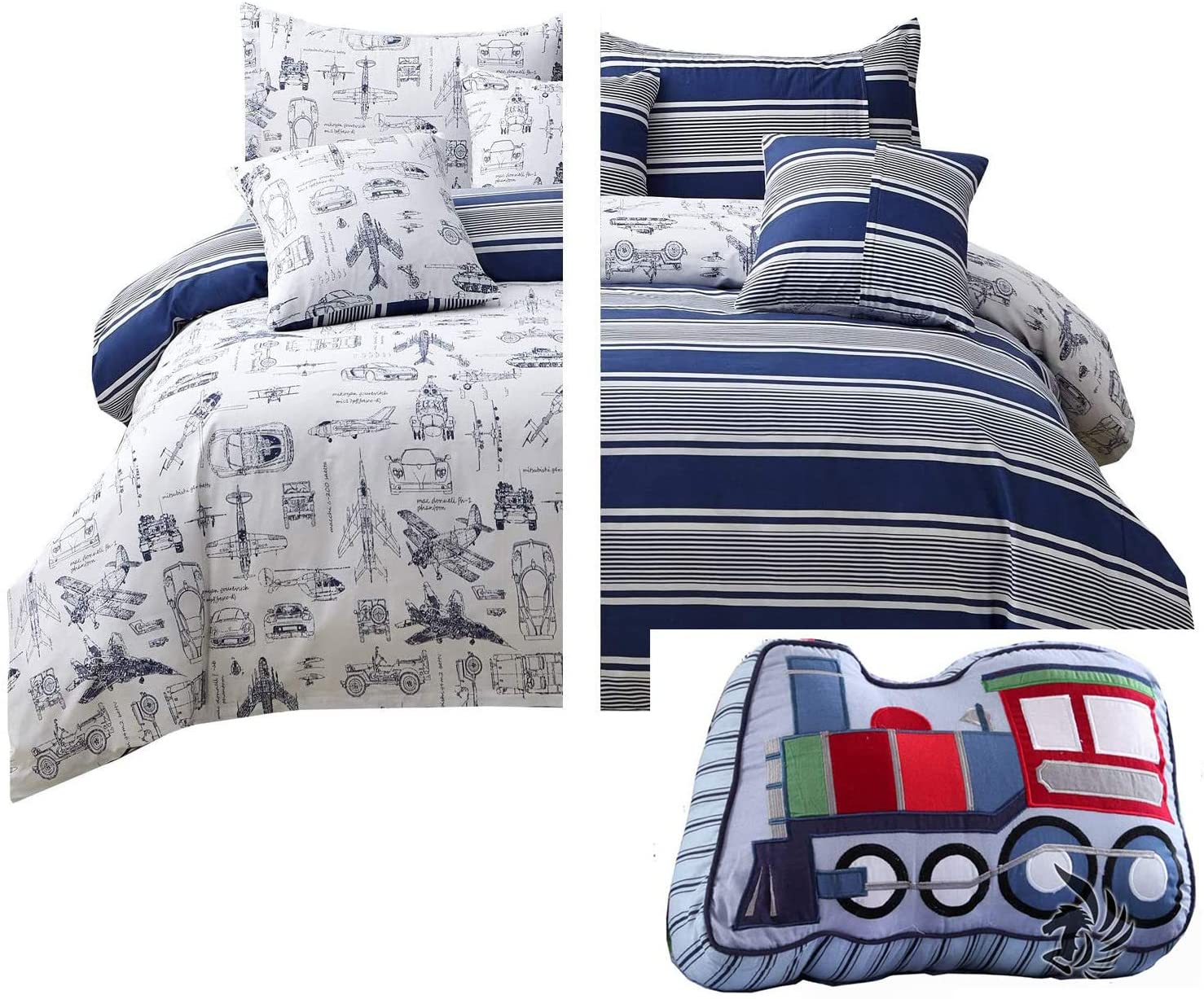 Price:$102.90 Kids Bedding Sets Full Size Boys Race Cars Aircraft Bedding Cotton Blue Striped Duvet Cover Set 4-Piece : Home & Kitchen