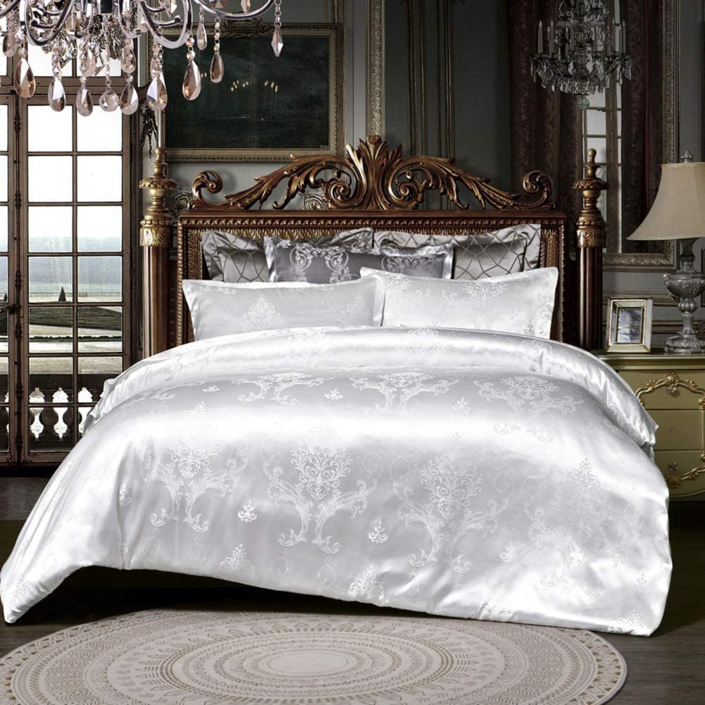 Price:$36.68 Satin Jacquard Duvet Cover Set,Gorgeous European Floral Pattern Bedding Sets White 3 Pieces Bedspread Full MB03 : Home & Kitchen