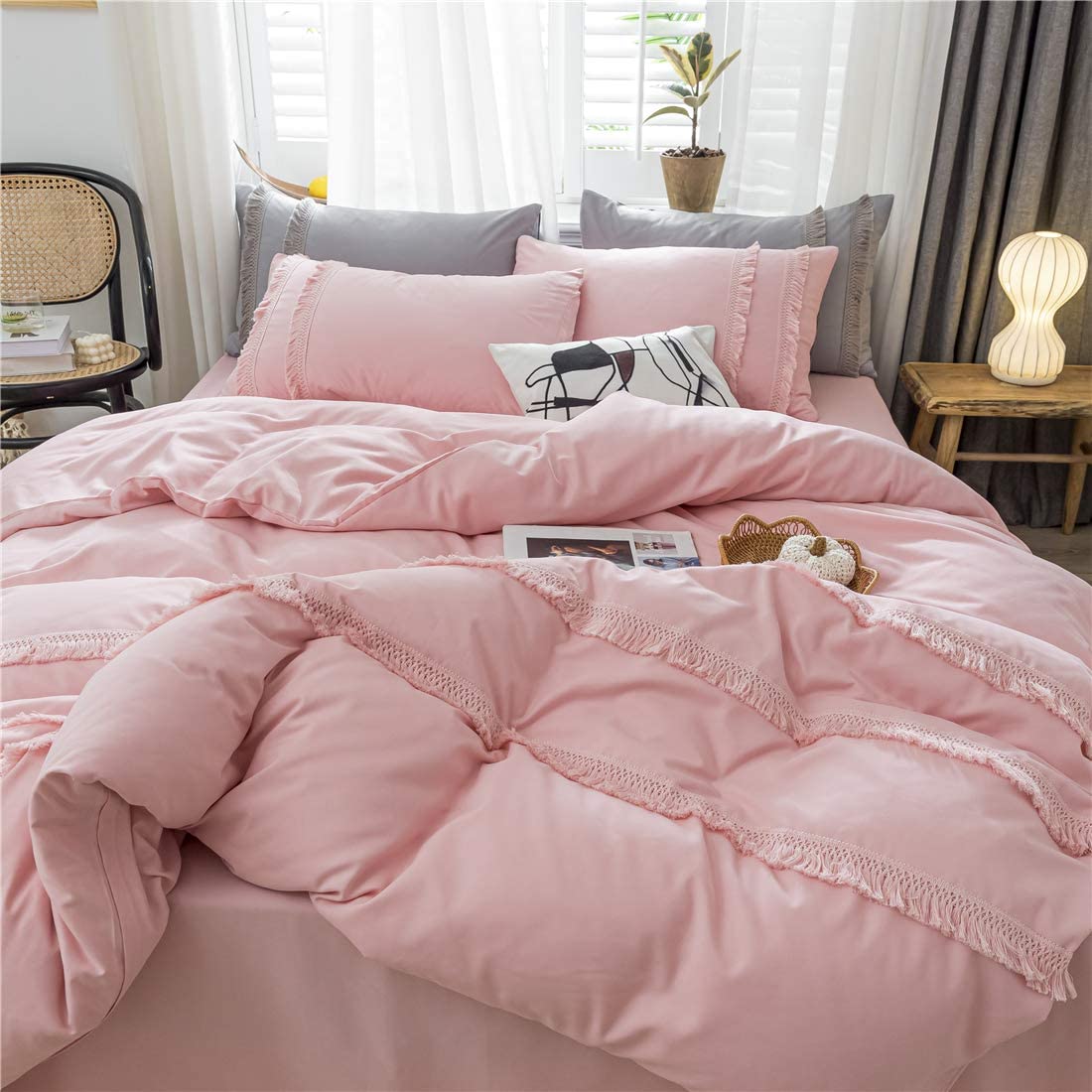 Price:$39.99 Duvet Cover Twin Size,100% Washed Microfiber 3pcs Bedding Duvet Cover Set, Boho Fringe Tassel Solid Color Soft and Breathable with Zipper Closure & Corner Ties (Pink, Twin) : Home & Kitchen