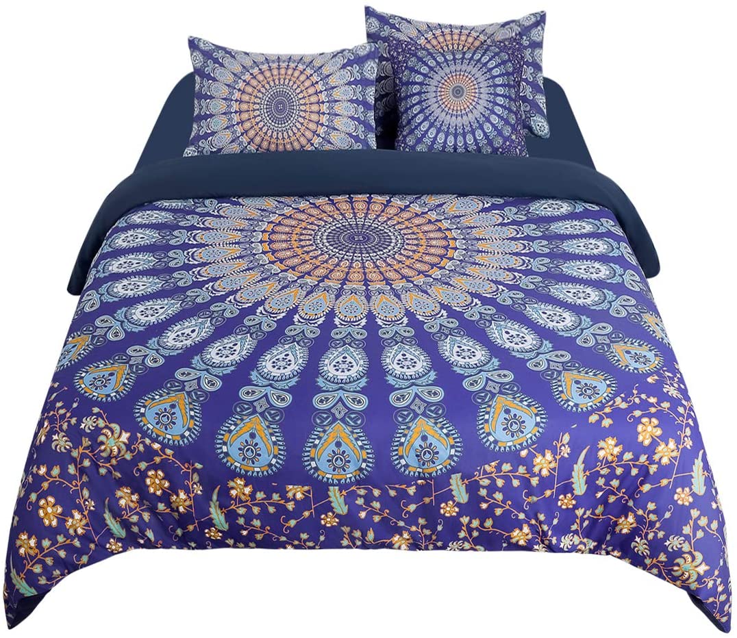 Price:$46.99 5Pcs Duvet Cover Set Bohemian Bedding Set, Microfiber Polyester Comforter Cover with Zipper Closure and Corner Ties, Including Fitted Sheet and Throw Pillowcase Navy Blue Queen : Home & Kitchen