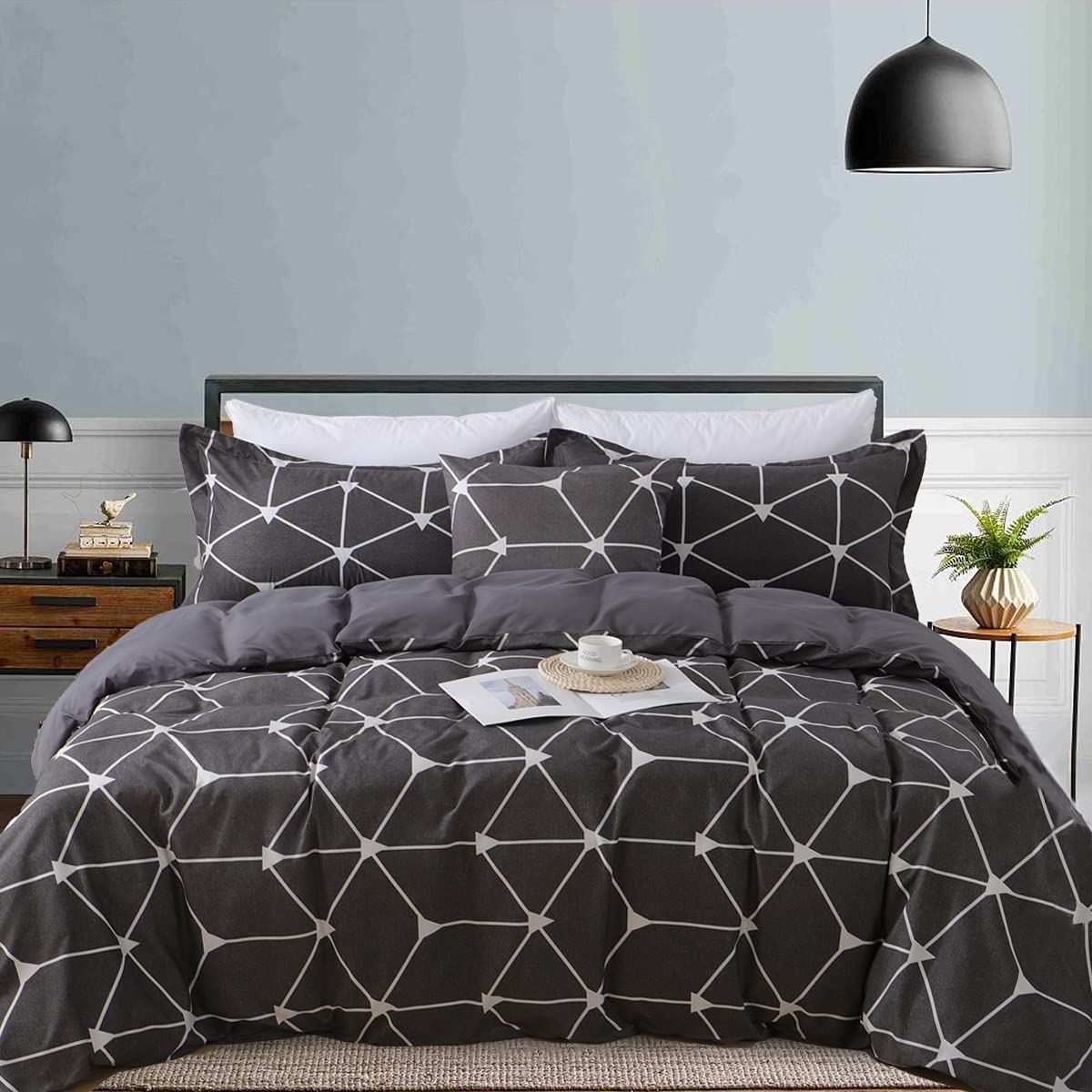 Price:$27.99 Geometric Reversible Duvet Cover Set King 3 Pcs, Dark Grey Ultra Soft Brushed Microfiber Comforter Cover with Hidden Zipper Closure, Home Collection Bedding Sets & Pillow Shams, King Size : Home & Kitchen