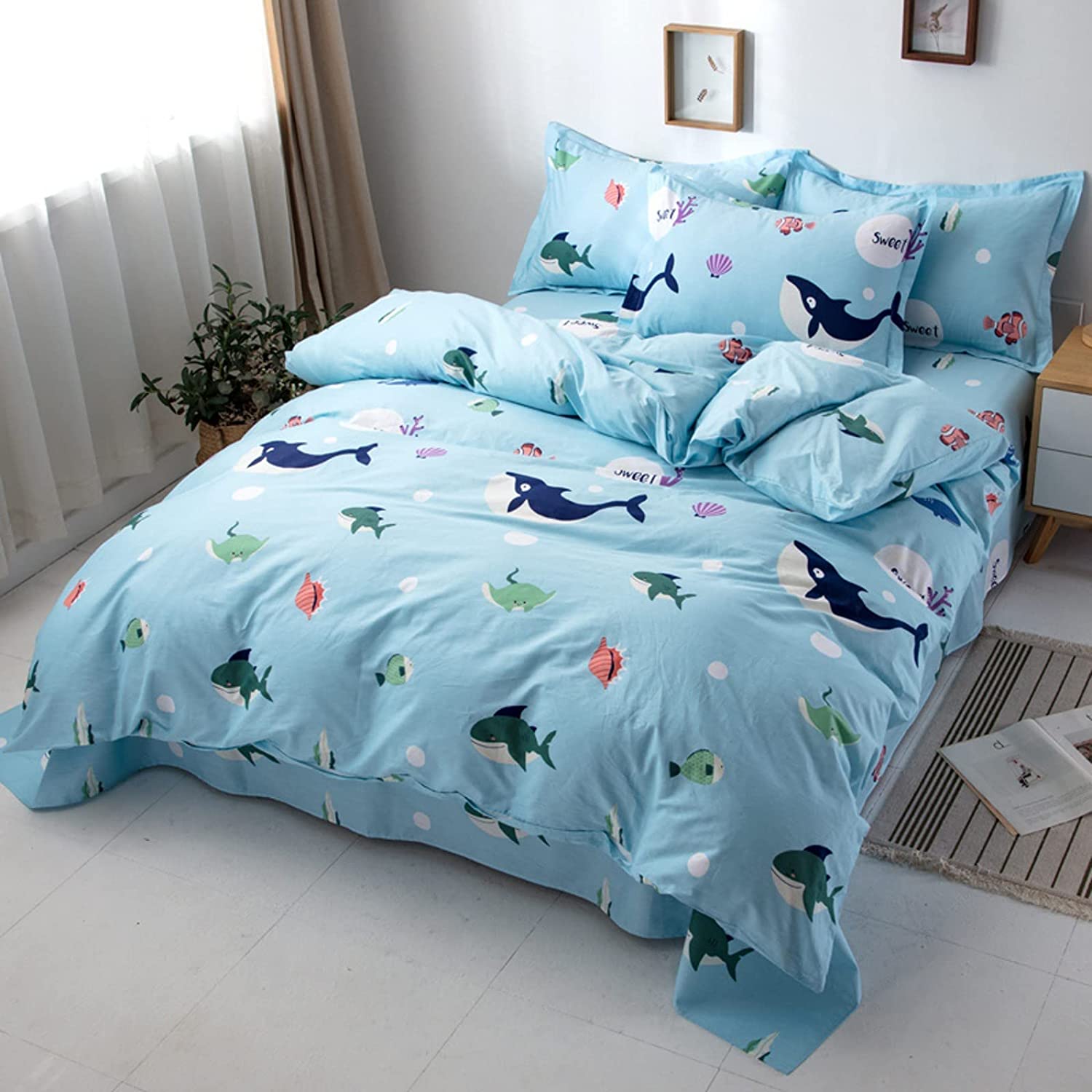 Price:$289.99 Duvet 100% Double-Sided Cotton Four-Piece Set Luxury Hotel Bedding Cartoon Sea Animal Shark Quilt Cover x1 Bed Sheet x1 Pillowcase x2 : Home & Kitchen