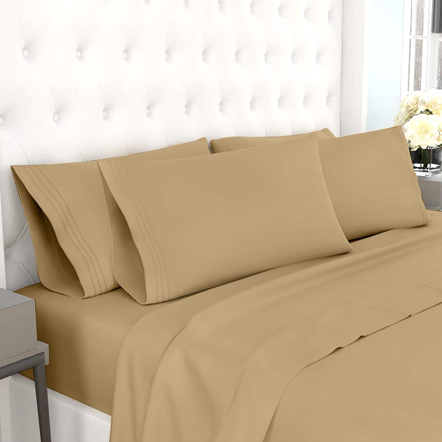 Price:$23.91 Hypoallergenic Brushed Microfiber Queen Bed Sheets Set- 15” Deep Pockets - Sateen Weave - 6 Piece Queen Bedding Fitted Sheet Set -with 2 Bonus Pillow Cases –Wrinkle, Fade Resistant (Tan) : Home & Kitchen