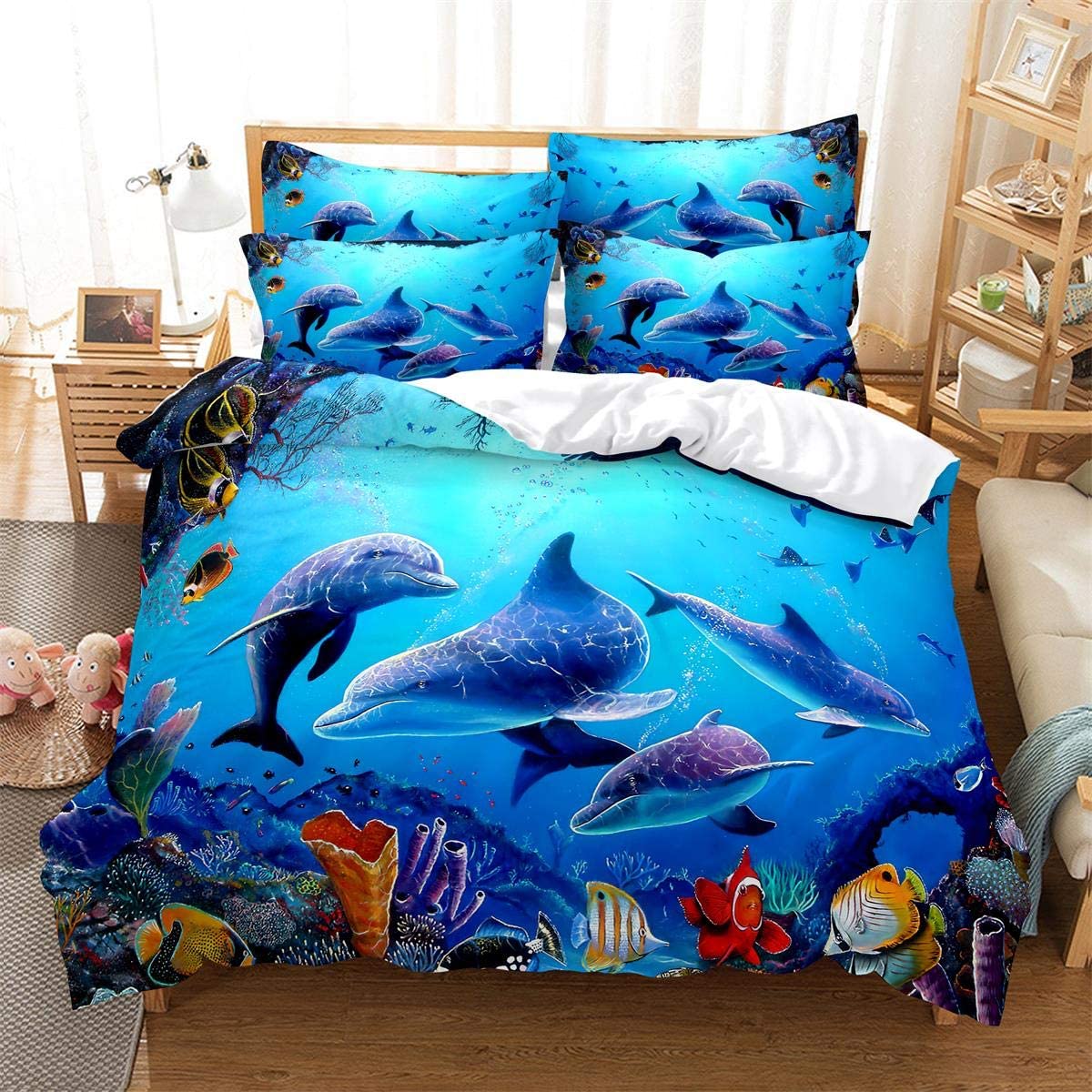 Price:$40.99 Blue Ocean Comforter Cover Set, 3D Dolphin Bedding Sets Toddle Bedding 1 Bed Comforter Cover + 2 Pillow Shams for Children Kids Boys Girls Queen Size (Full (79'' x 90'')) : Home & Kitchen