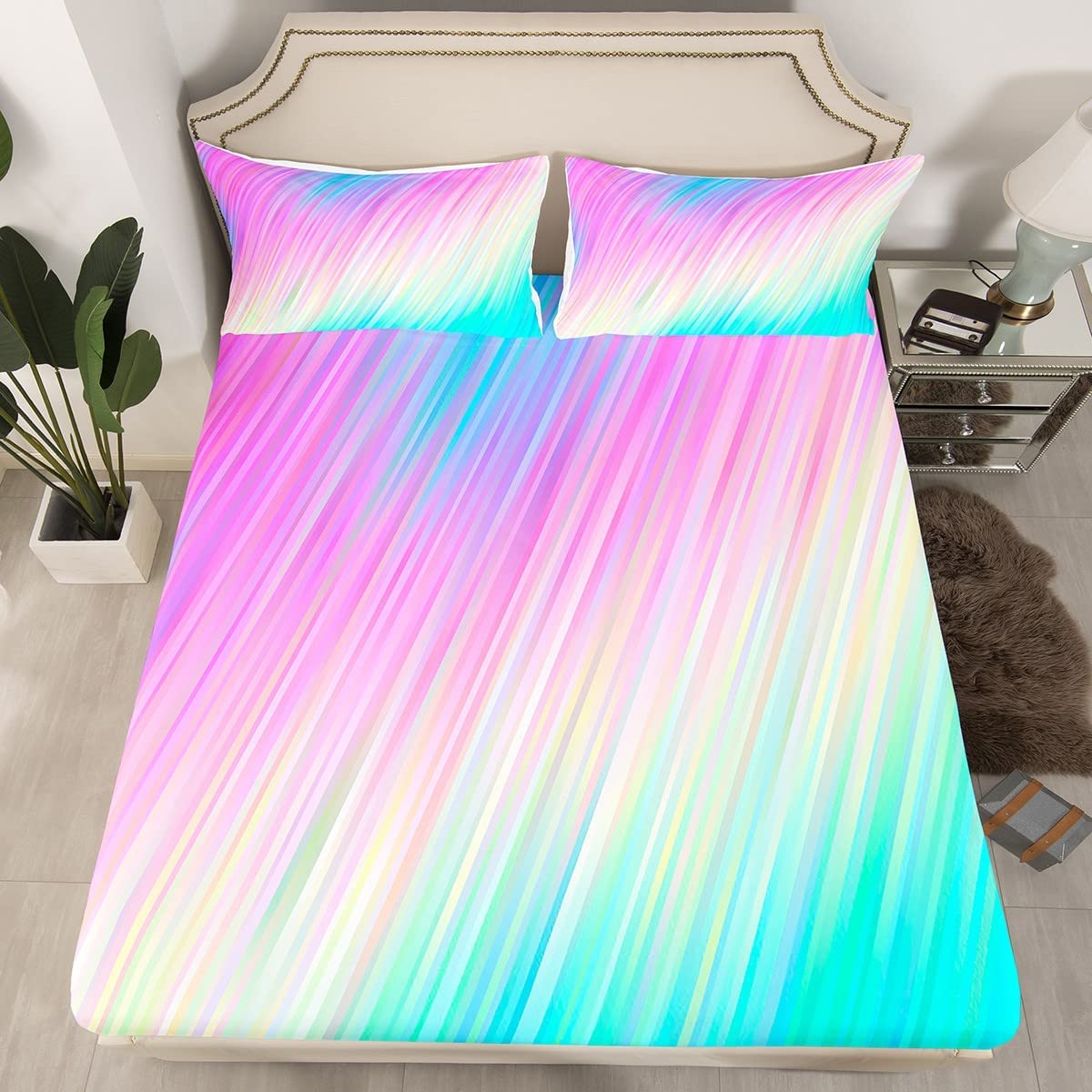 Price:$49.99 Colorful Marble Sheet Set Queen Size Girls Rainbow Color Pattern Bedroom Decor Bedding Set Abstract Stripe Printed Fitted Sheet Deep Pockets,1 Fitted Sheet with 2 Pillow Cases : Home & Kitchen