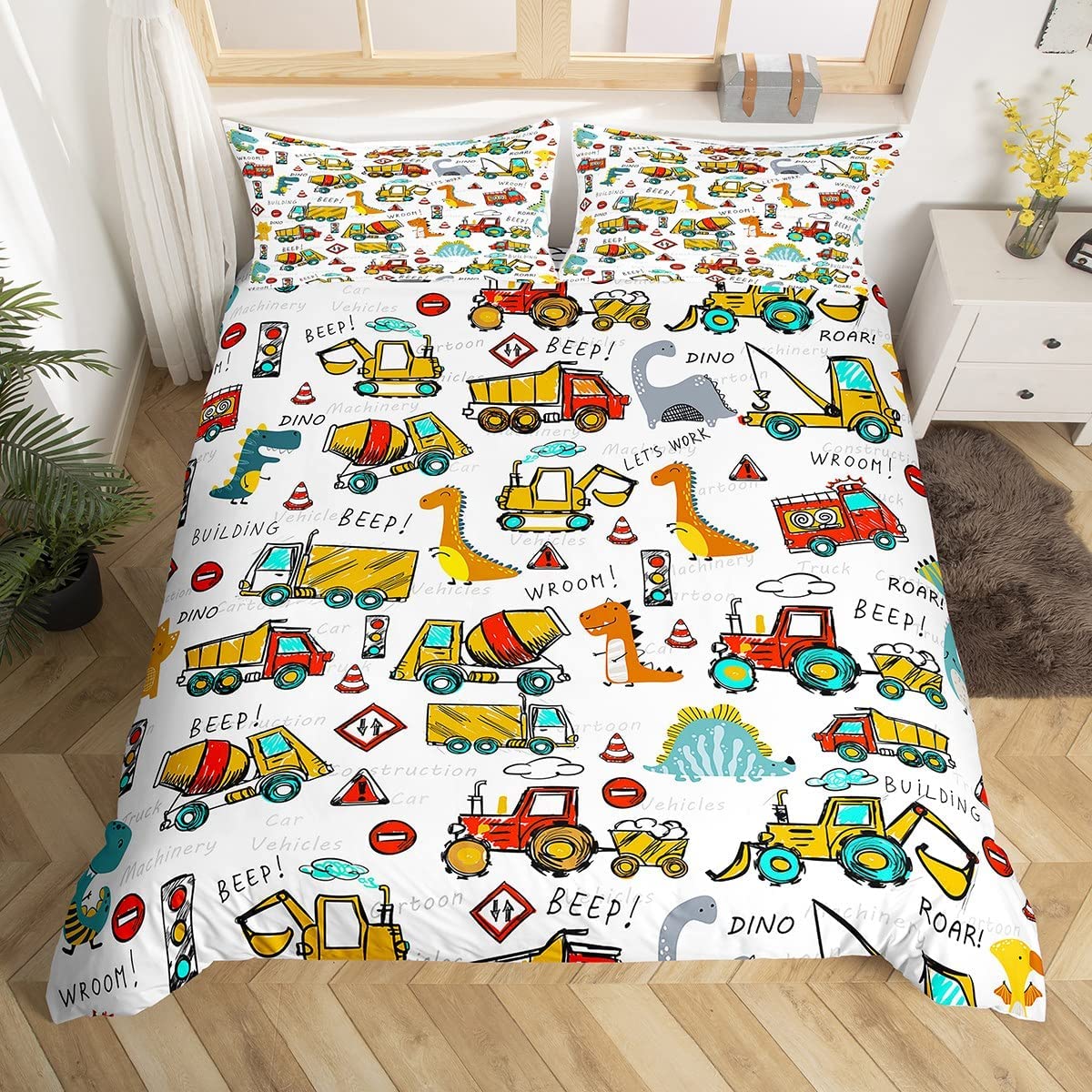 Price:$34.00 Bedding Duvet Cover Kids Cute Dino Construction Bedding Set Boys Girls Equipment Trucks Excavator Decor Comforter Cover Set Dinosaurs Machinery Cars Bedspread Cover White Bedroom Twin Size : Home & Kitchen