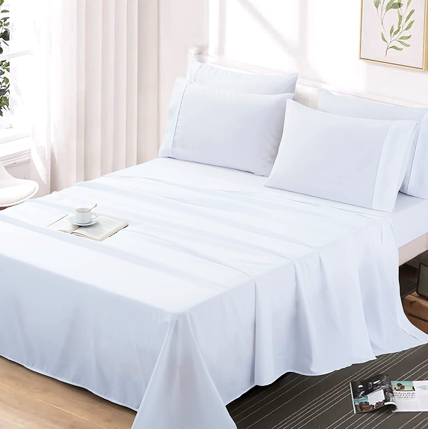 Price:$19.99 Bed Sheet Set 6 Piece Queen Size Sheets with 14" Deep Pockets White Thread Count Microfiber Easy Care Sheet Set : Home & Kitchen
