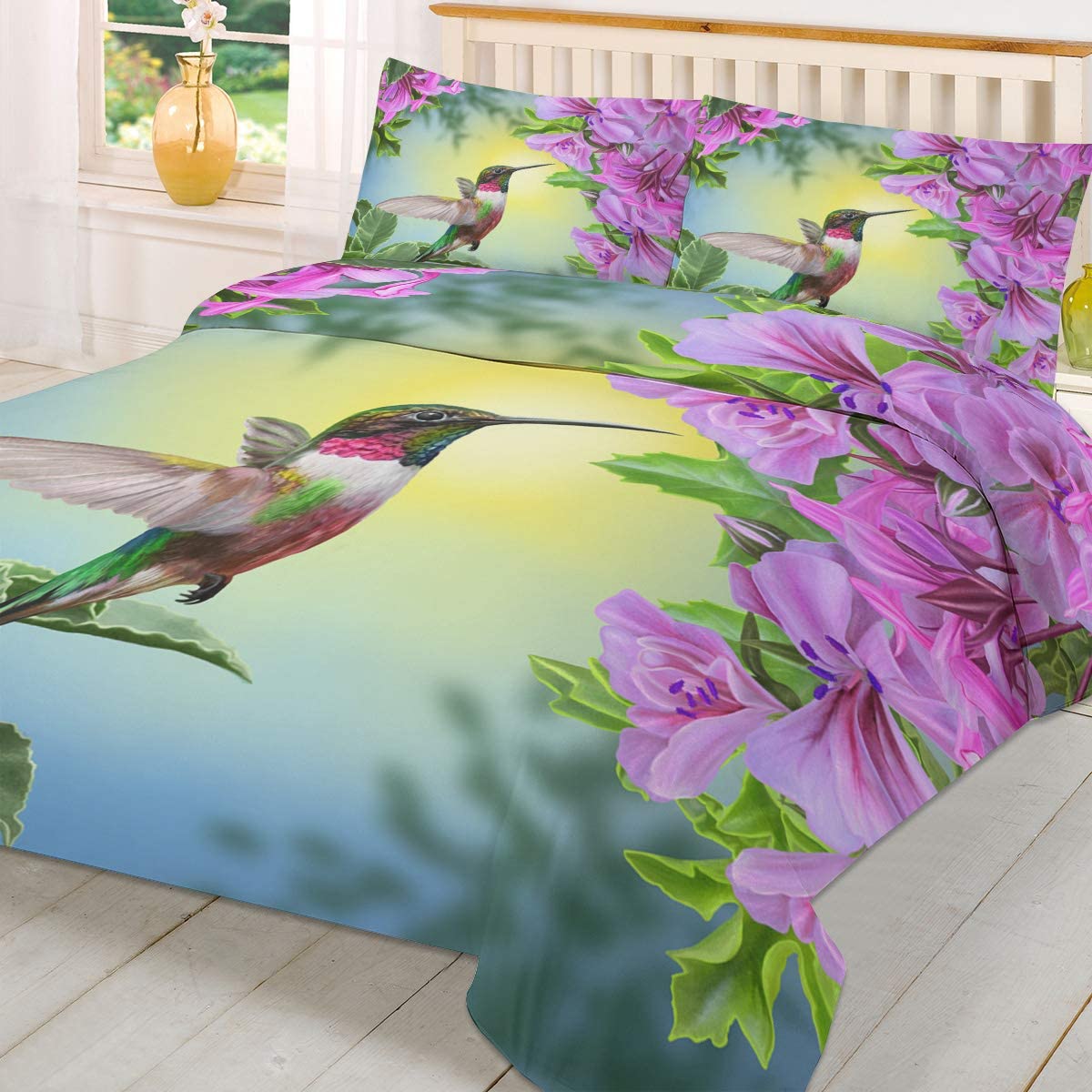 Price:$40.28 Piece Duvet Cover Set King Size (1 Duvet Cover + 2 Pillowcases) Microfiber Soft and Breathable Printed Luxury Bedding Cover Set-Purple Flowers and Hummingbirds Spring Theme Zipper ClosureZGJQ7B : Home & Kitchen