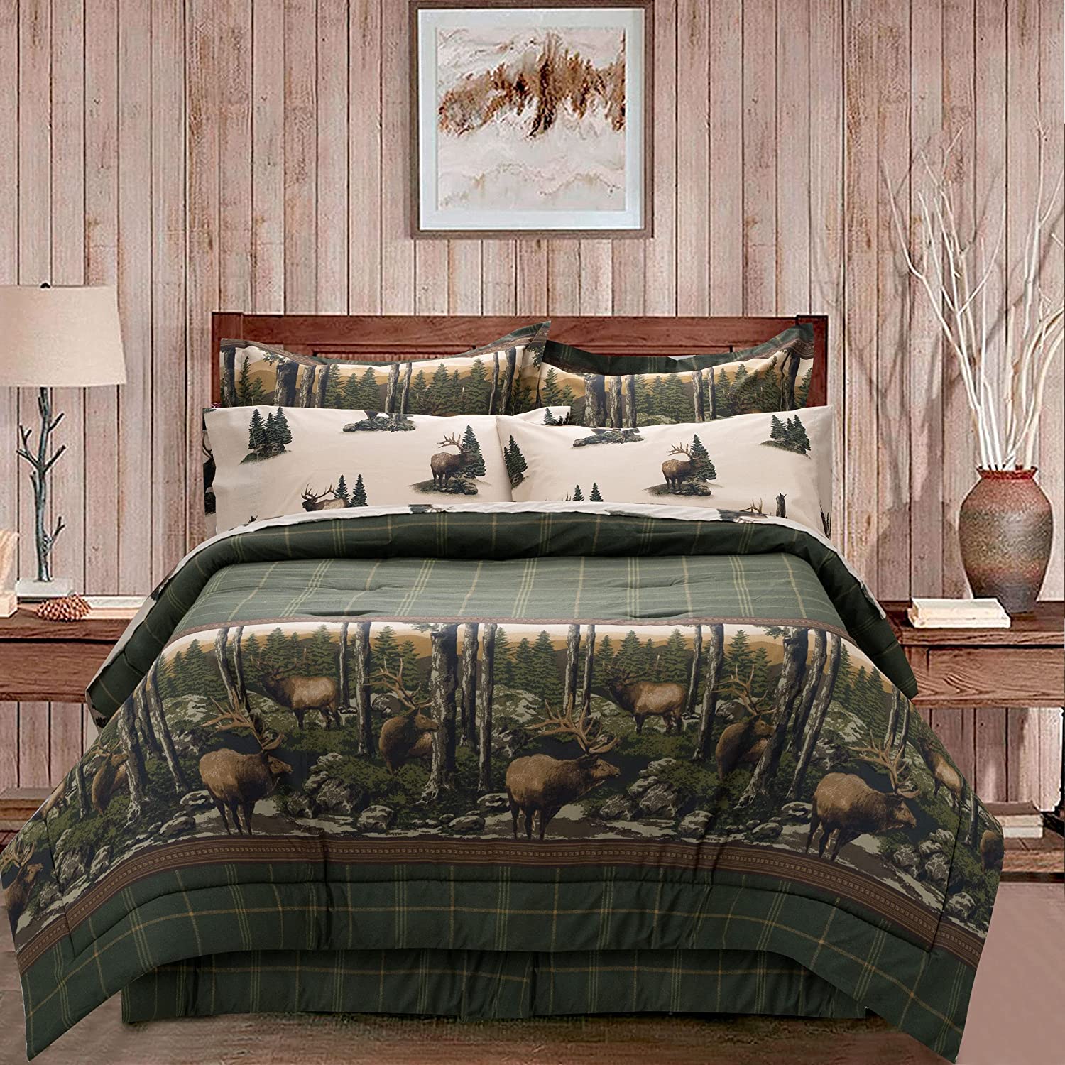 Price:$90.07 Ridge King Quilt Set Elk Printed,Polycotton Fabric King Size Bed In a Bag,8 Pieces Bed Set with 1 Quilt, 2 Sheets, 2 Pillowcases, 2 Shams & 1 Bedskirt : Home & Kitchen