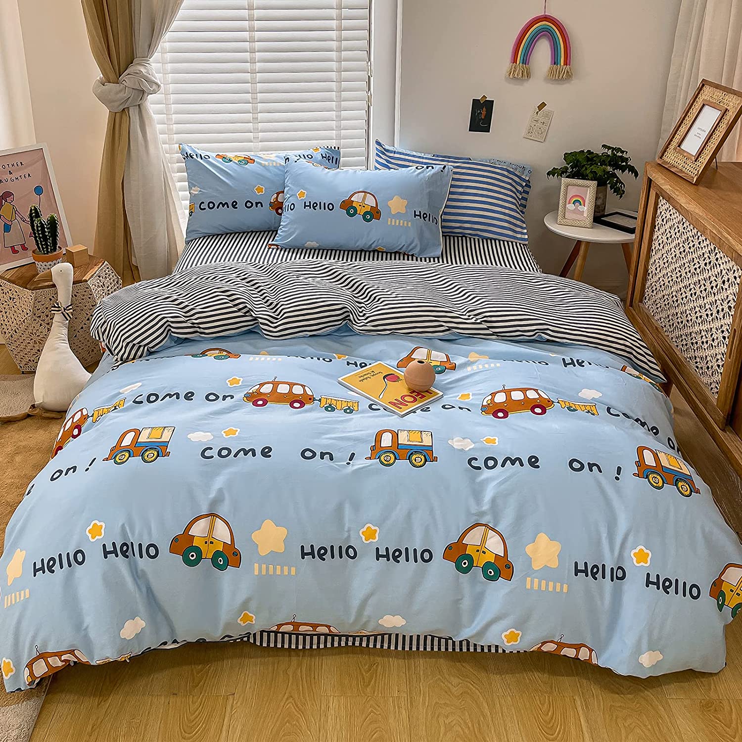 Price:$42.00 Car 100% Cotton Duvet Cover Set Twin Cars Cartoon Toy Bus Truck Vehicles Cloud Star Pattern Blue Bedding 1 Transport Comforter Cover 2 Pillowcases for Kids Girls Boys Teens : Home & Kitchen