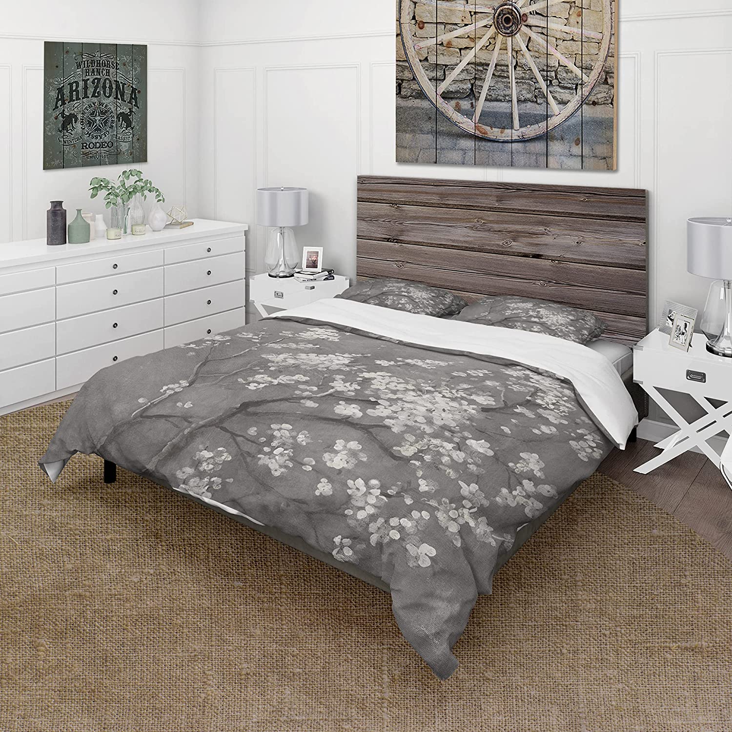 Price:$109.78 'White Cherry Blossoms I' Farmhouse Duvet Cover Set : Home & Kitchen