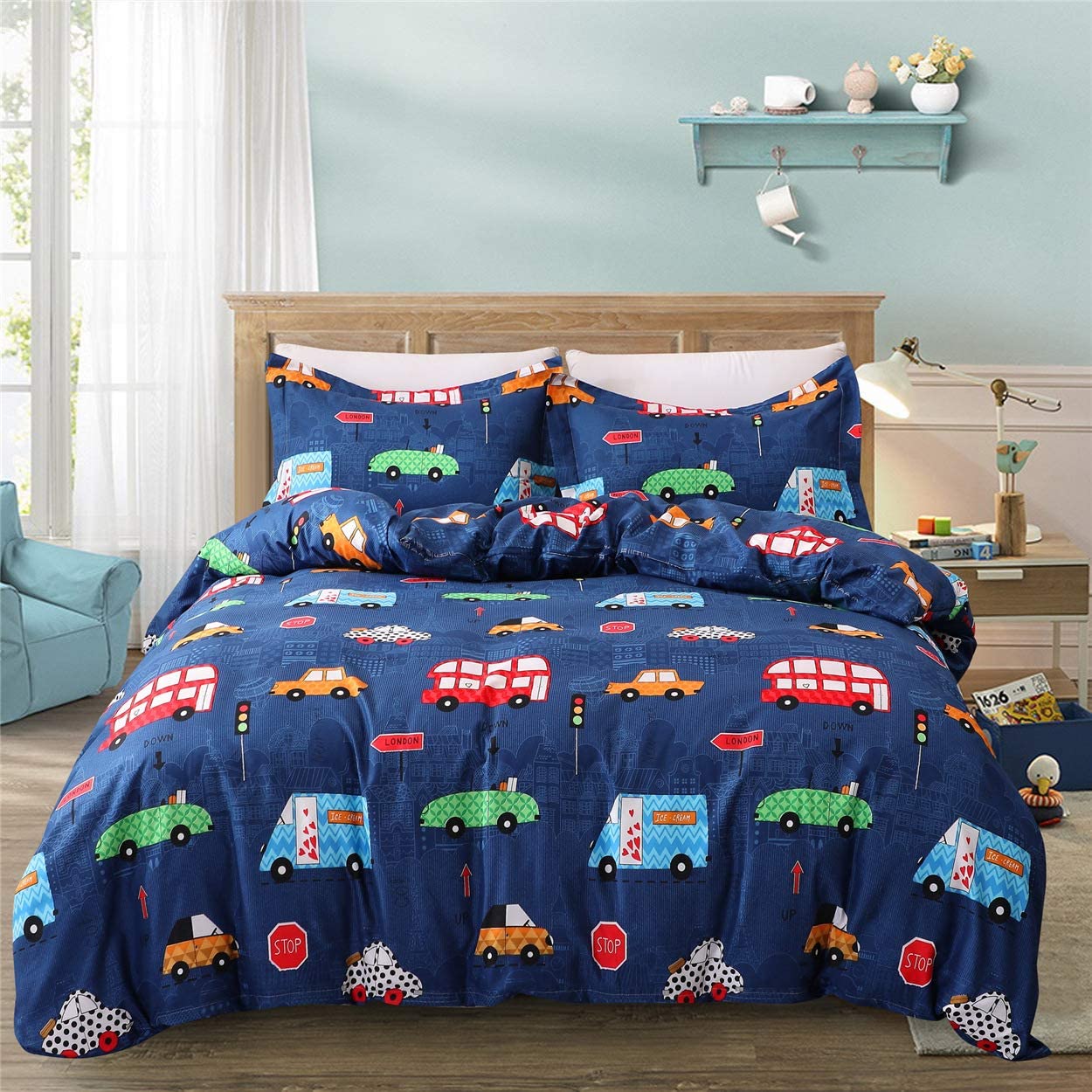 Price:$15.99 Duvet Cover King Size - 3 Piece Bedding Duvet Cover Set - Dark Blue Automobile Cartoon Pattern, Zipper Closer and Coner Ties Duvet Cover with 2 Pillow Shams (King,Dark Blue) : Home & Kitchen