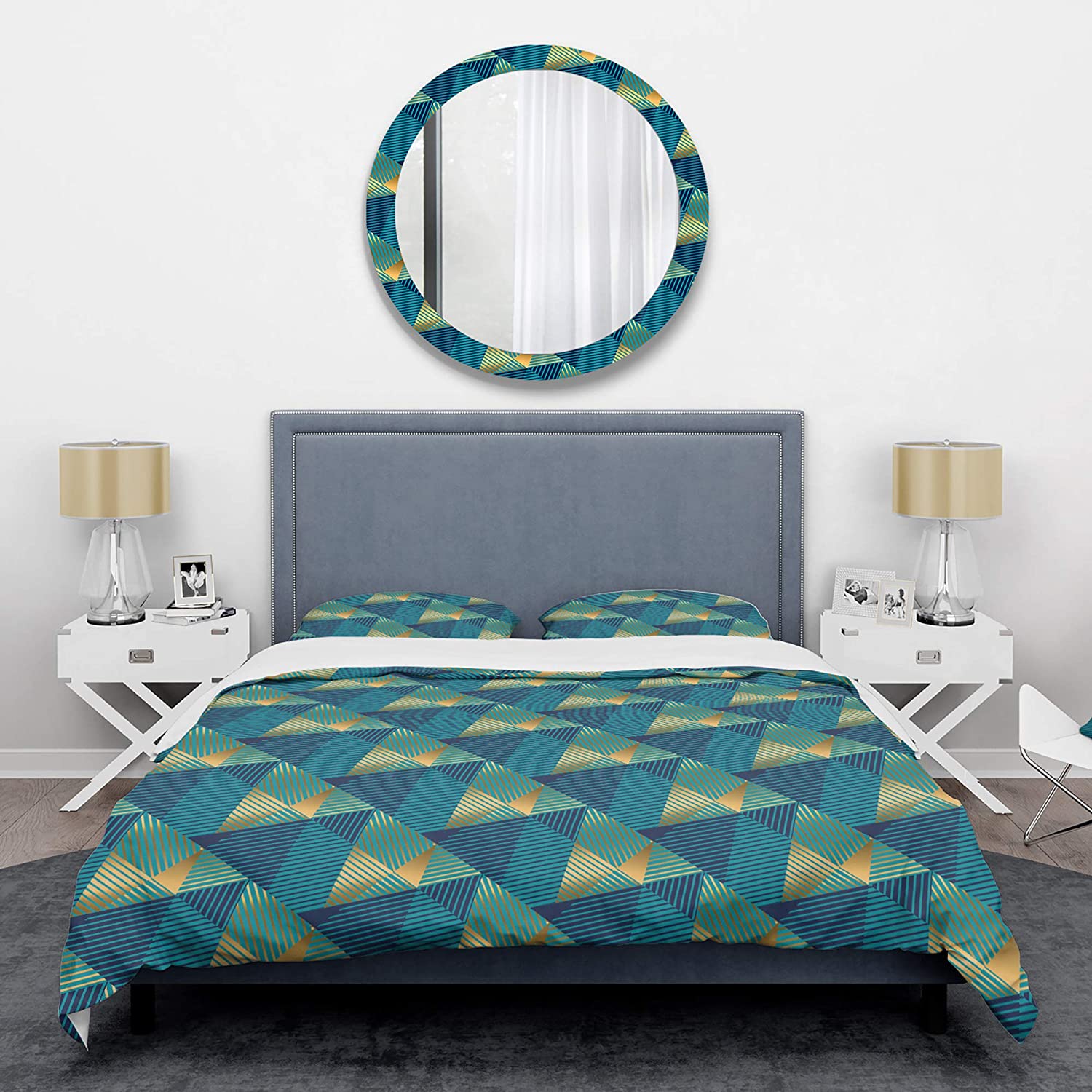Price:$109.78 'Retro Luxury Waves in Gold and Blue VII' Mid-Century Modern Duvet Cover Set : Home & Kitchen