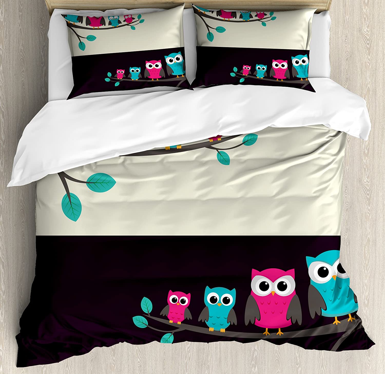 Price:$79.99 Cartoon Duvet Cover Set, Family of Owls Sitting on Branches Characters Togetherness Mom Dad, Decorative 3 Piece Bedding Set with 2 Pillow Shams, Queen Size, Blue Cream : Home & Kitchen