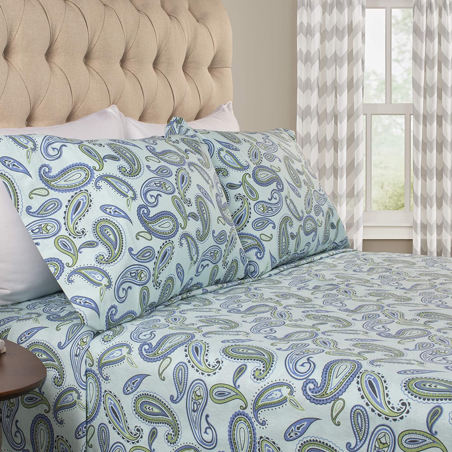 Price:$56.99 Deep Pocket Cotton Flannel Paisley Sheet Set, King, Flat Sheet, Fitted Sheet, and Pillowcases, Light Blue, 4-Pieces : Home & Kitchen