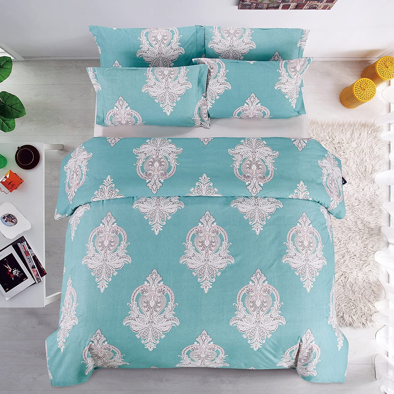 Price:$21.99 Duvet Cover Set,Printed Medallion Pattern Bedding,Euro Style Comforter Cover Quilt Cover Set,Queen Aqua : Home & Kitchen