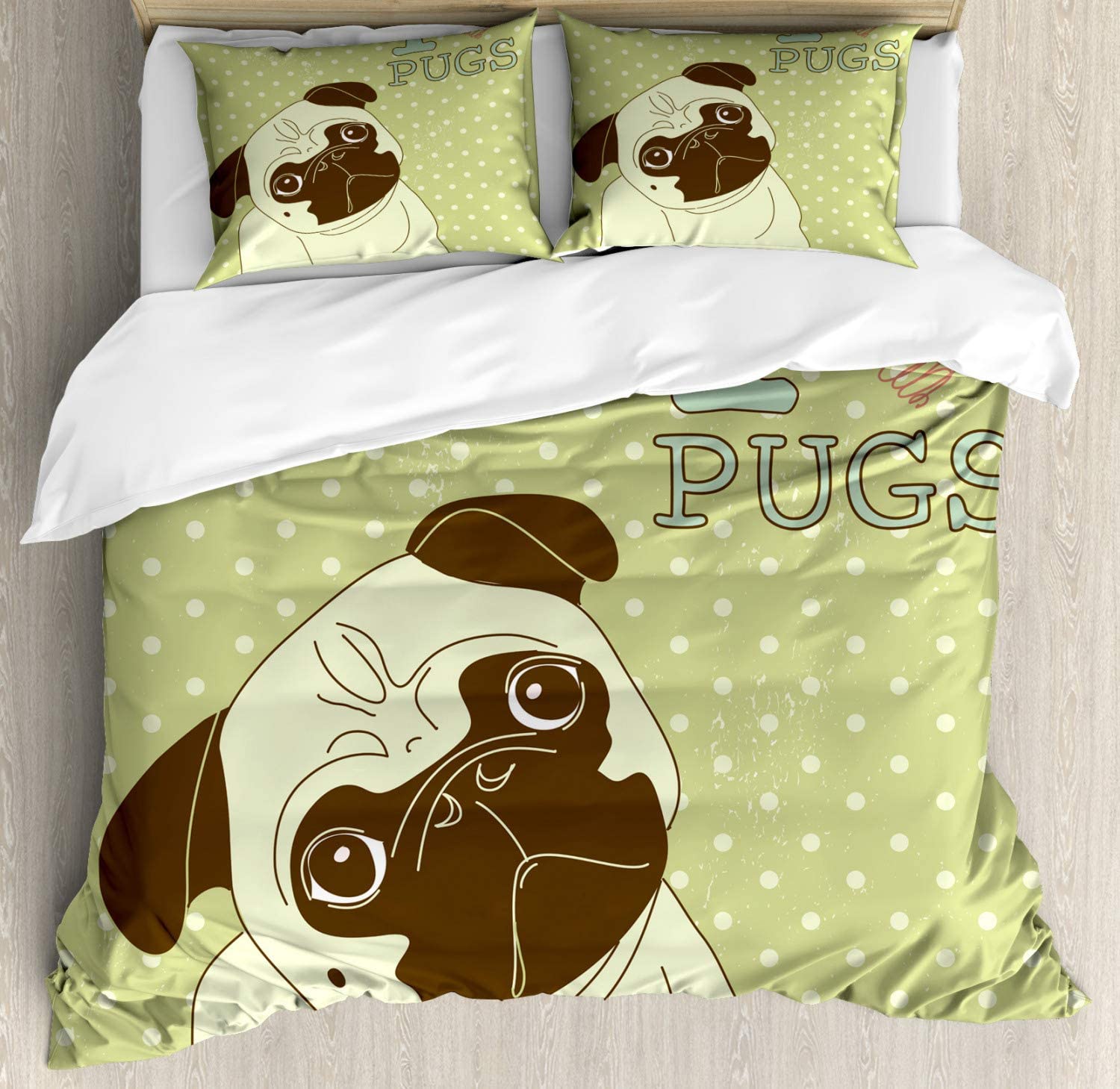 Price:$79.99 Pug Duvet Cover Set, Little Dog with Tilted Head with Expression I Love Pugs Pet, Decorative 3 Piece Bedding Set with 2 Pillow Shams, Queen Size, Avocado Green : Home & Kitchen