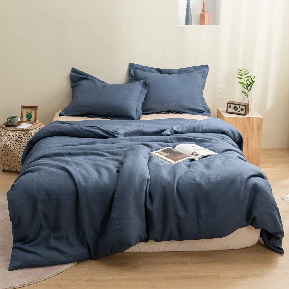 Price:$100.99 100% Linen Duvet Cover Set Queen 3 Pieces Solid Color Basic Style Bedding Set+2 Euro Shams 26"x26",Classic Blue : Home & Kitchen