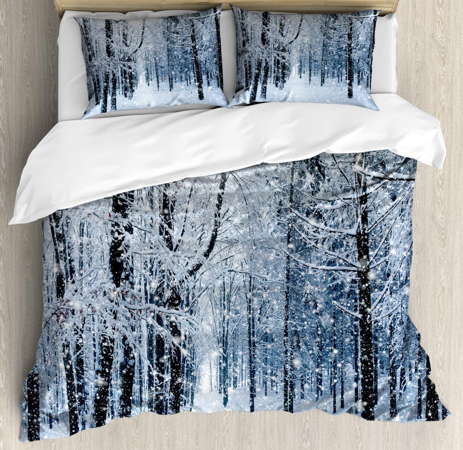 Price:$47.98 Winter Duvet Cover Set, Snow Covered Forest Idyllic Early Morning Scenery Seasonal Xmas Nature, Decorative 3 Piece Bedding Set with 2 Pillow Shams, Queen Size, Black White Slate Blue : Home & Kitchen