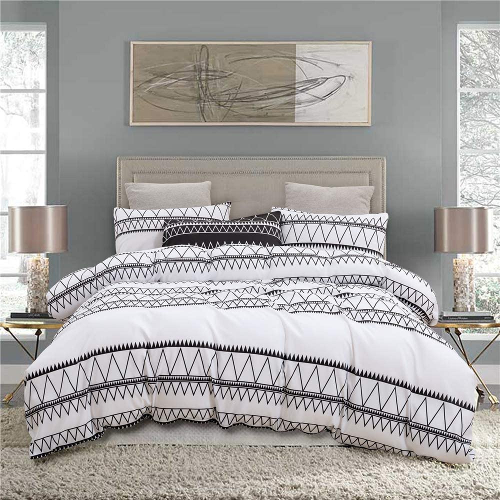 Price:$25.90 Duvet Cover Set Queen Boho Geomatric Stripe White Pattern 100% Microfiber with 2 Pieces Ultra Soft Breathable Comforter Cover Set Queen 90x90 inch for Bedroom : Home & Kitchen