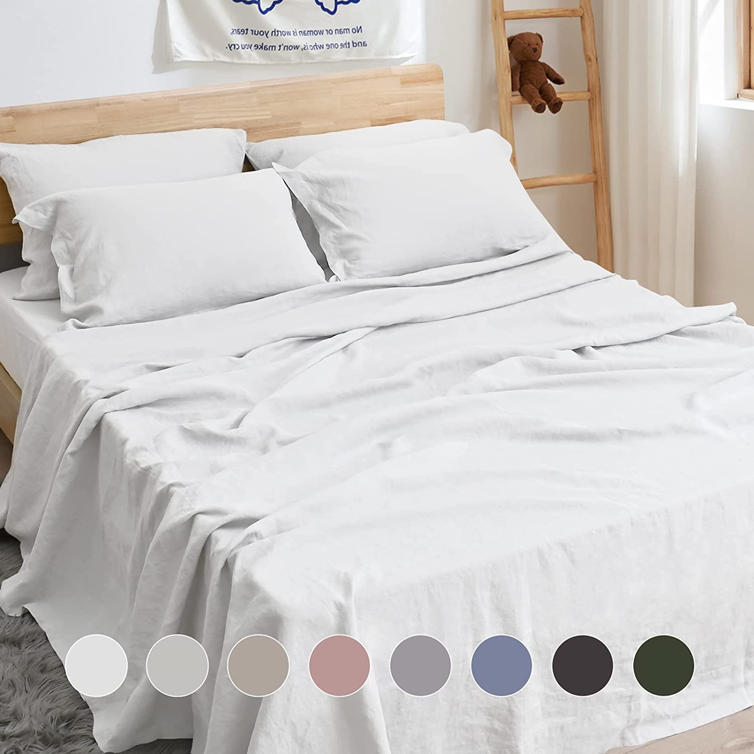 Price:$145.00 Premium Stone Washed 100% French Linen Bed Sheet Set, Small Batch Sourced from Normandy, Breathable and Durable, 3pc Set - 2 Pillowcases, 1 Fitted (Snow, Queen - Minimal 3 Piece) : Home & Kitchen