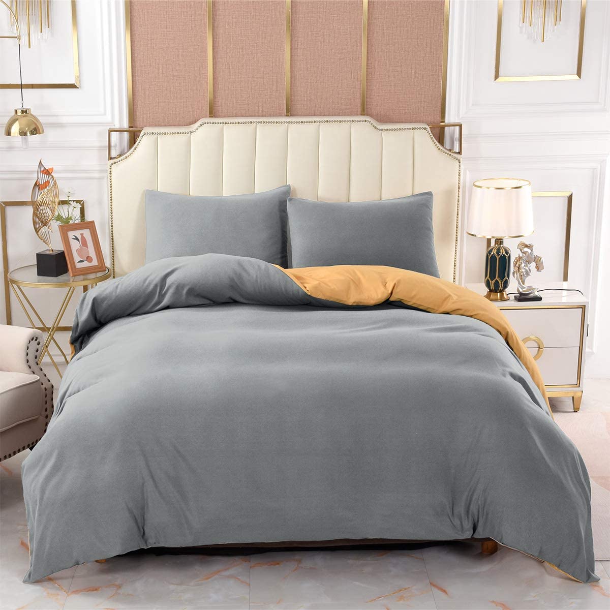 Price:$25.59 Duvet Cover (Silver Grey and Yellow) 3 pcs Bedding Set Duvet Cover and 2 Pillow Shams Double Color… : Home & Kitchen