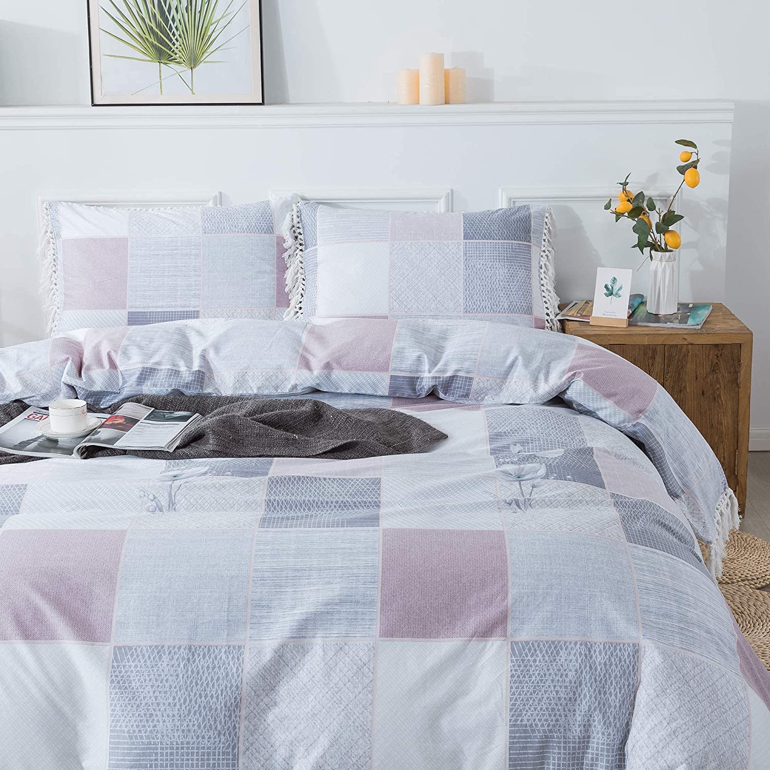Price:$79.00 Vintage Tassel Boho Bedding Sets 3Pcs Geometric Square Pattern Plaid Duvet Cover Sets（No Filling Comforter） 100% Cotton Multiple Color Grid Pattern Bedding Collection King : Home & Kitchen