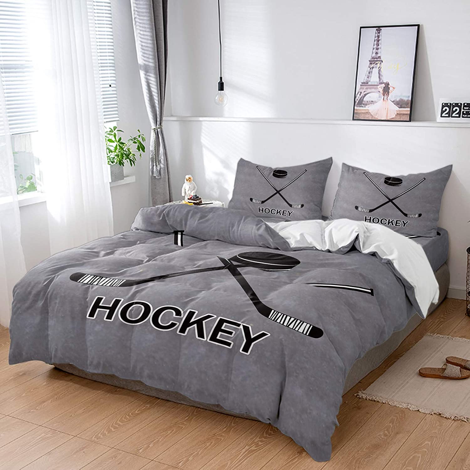 Price:$115.42 Bedding Sets Duvet Cover Winter Sports Ice Hockey Equipments Stick and Puck Flat Sheet Set with Decorative Pillowcases for Girls Boys Men Women Bedroom Decor Grey : Home & Kitchen