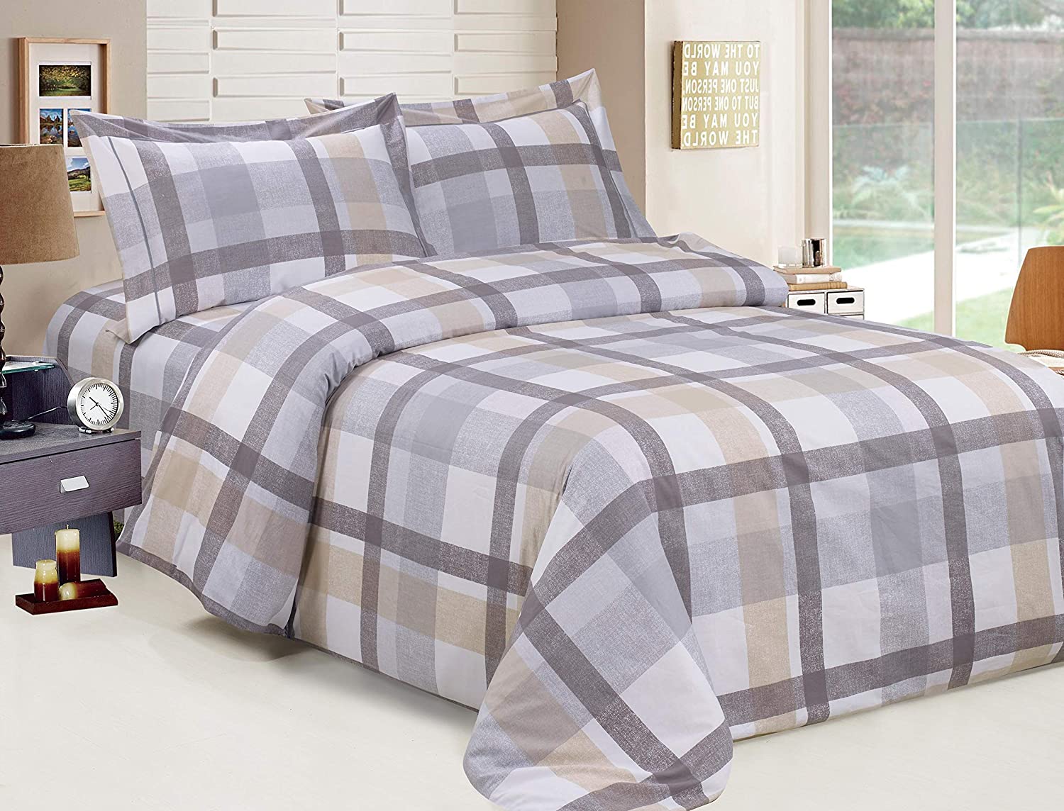 Price:$180.39 Linen French Oscar Plaid Pattern, Luxury Ultra Soft 200 Thread Count Cotton Percale, Grey, Twin 48-inch, 6 Piece, Bedding Duvet Cover Set for Two Beds : Home & Kitchen