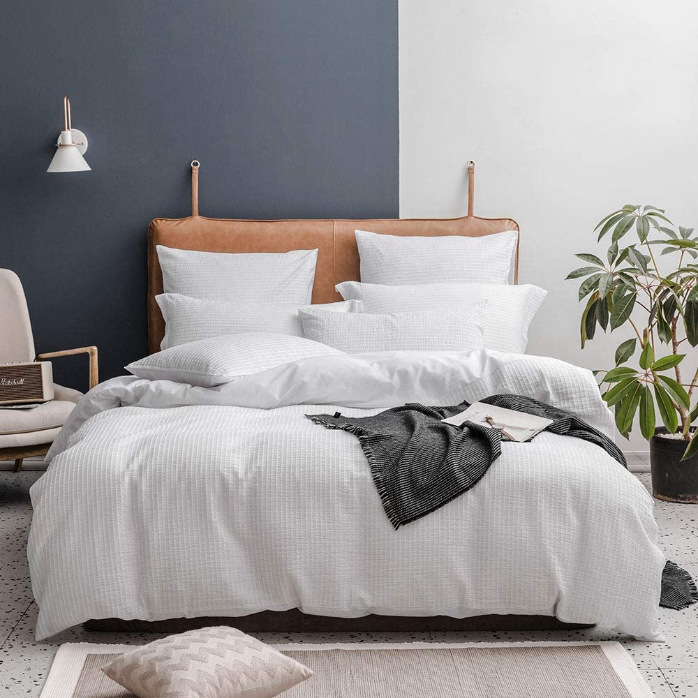 Price:$59.99 Seersucker Duvet Cover Set,Yarn Dyed Seersucker Weave Striped Comforter Cover with 2 pcs Pillowshams,3 Pieces Bedding Set-- White--King : Home & Kitchen