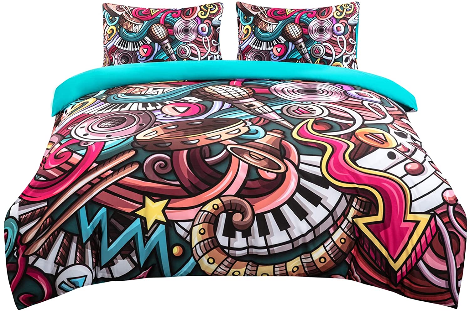 Price:$48.99 Retro Music Bedding Set, Colorful Comforter Cover,Pillowcases,Old School Decorative Records, Microphone Print,Soft,Comfortable Superfine Fiber (Queen) : Home & Kitchen
