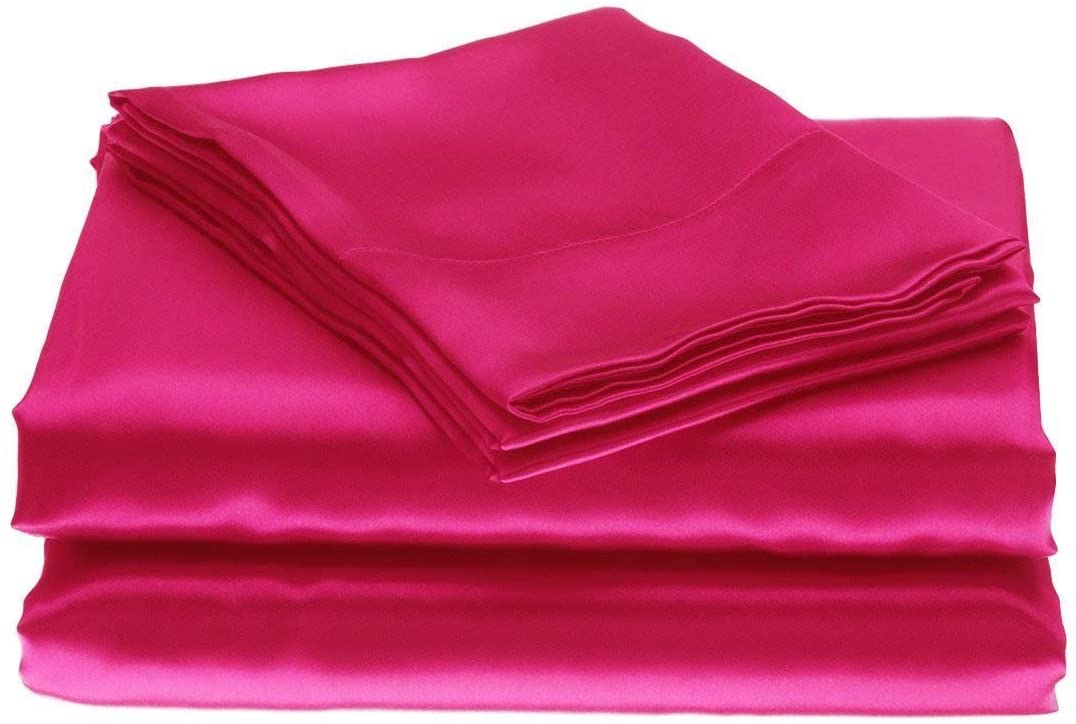 Price:$130.00 Bedding 100% Pure Silk Satin Sheet Set 7pcs, Silk Fitted Sheet 15'' Deep Pocket,Silk Flat Sheet,Duvet Cover&Pillowcases |Cool Soft Silk Sheets|Wrinkle Free Fade Resistant| Twin XL, Hot Pink : Home & Kitchen