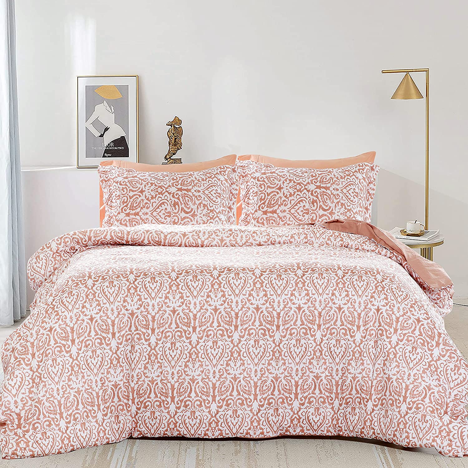 Price:$74.99 Linen 400 TC Satin Duvet Cover Set, 3 Pieces Ultra Soft-Washed Bedding Set with Buttons Closure Damask Pattern Printed (Queen ,Peach) : Home & Kitchen