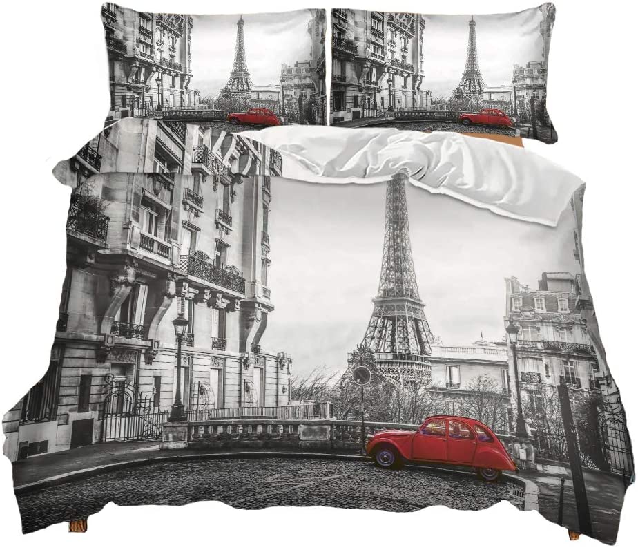Price:$52.99 Famous European City Themed Red Grey Duvet Cover Sets Nostalgic Vintage Paris Eiffel Tower Modern Luxury Quilt Cover with Pillowcases (Paris, Queen) : Home & Kitchen