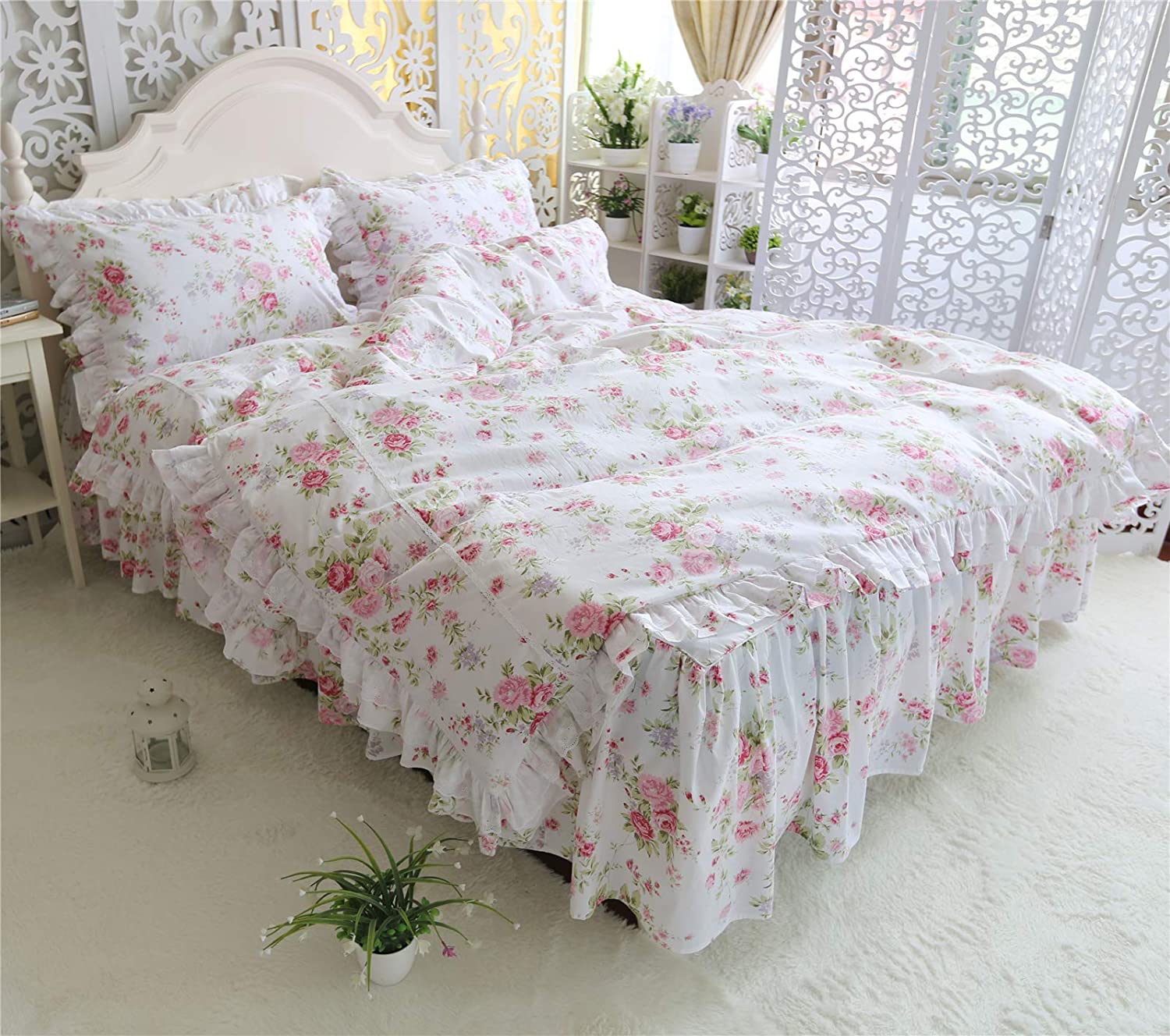 Price:$99.99 King Duvet Cover Set 3 Pieces Farmhouse Bedding Set Best Duvet Cover with Pillowcases Shabby Rose Pink Girls Bedding Set 100% Cotton Elegant Ruffles Style King Size : Home & Kitchen