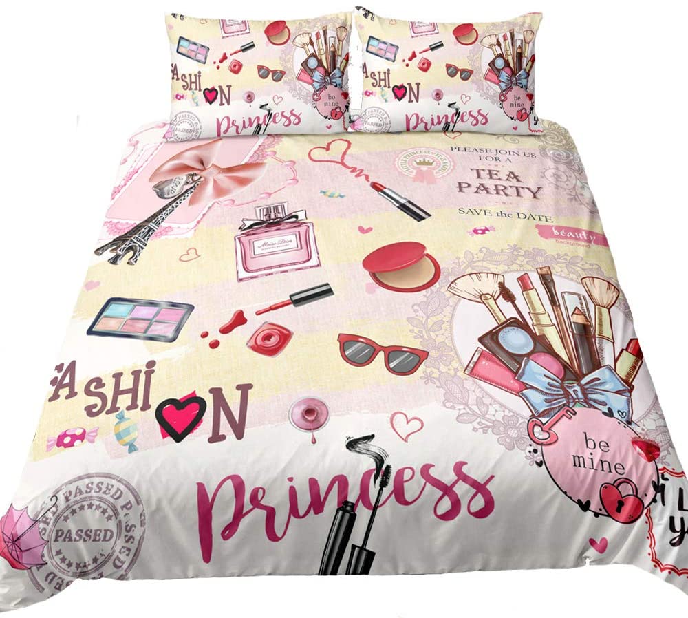 Price:$53.99 Beauty Series Duvet Cover Set Makeup Cosmetic Collections Modern Lady Fashion Girl Perfume Lipstick Bedding Quilt Cover Set with Pillowcase for Kids Girls and Teens Bedspread Cover (01, Queen) : Home & Kitchen