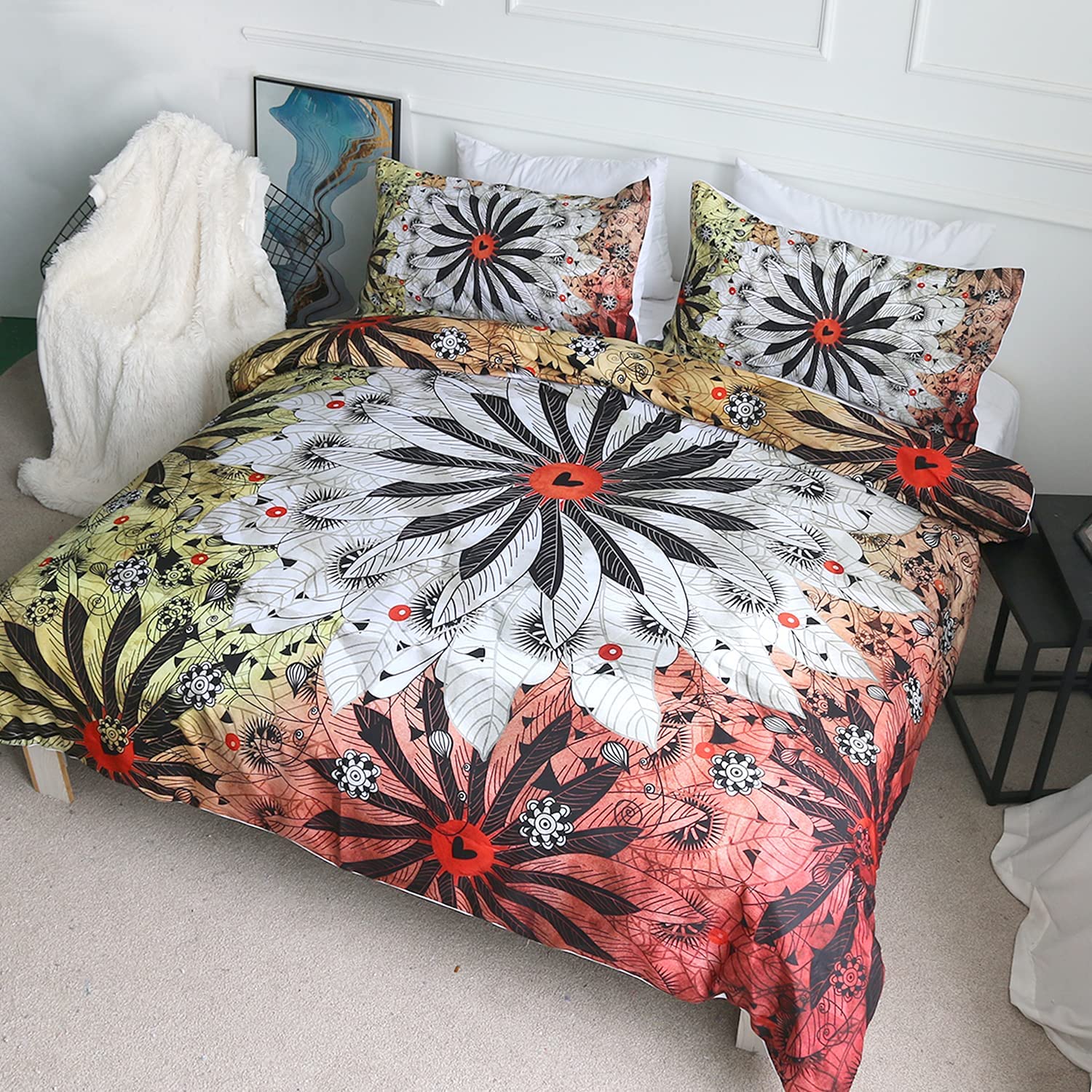 Price:$45.90 Vintage Boho Duvet Cover Set with Zipper Closure Soft Mandala Tie Dye Pattern on Pink Yellow Bedding Cover Set for Girls Women (Queen) : Home & Kitchen