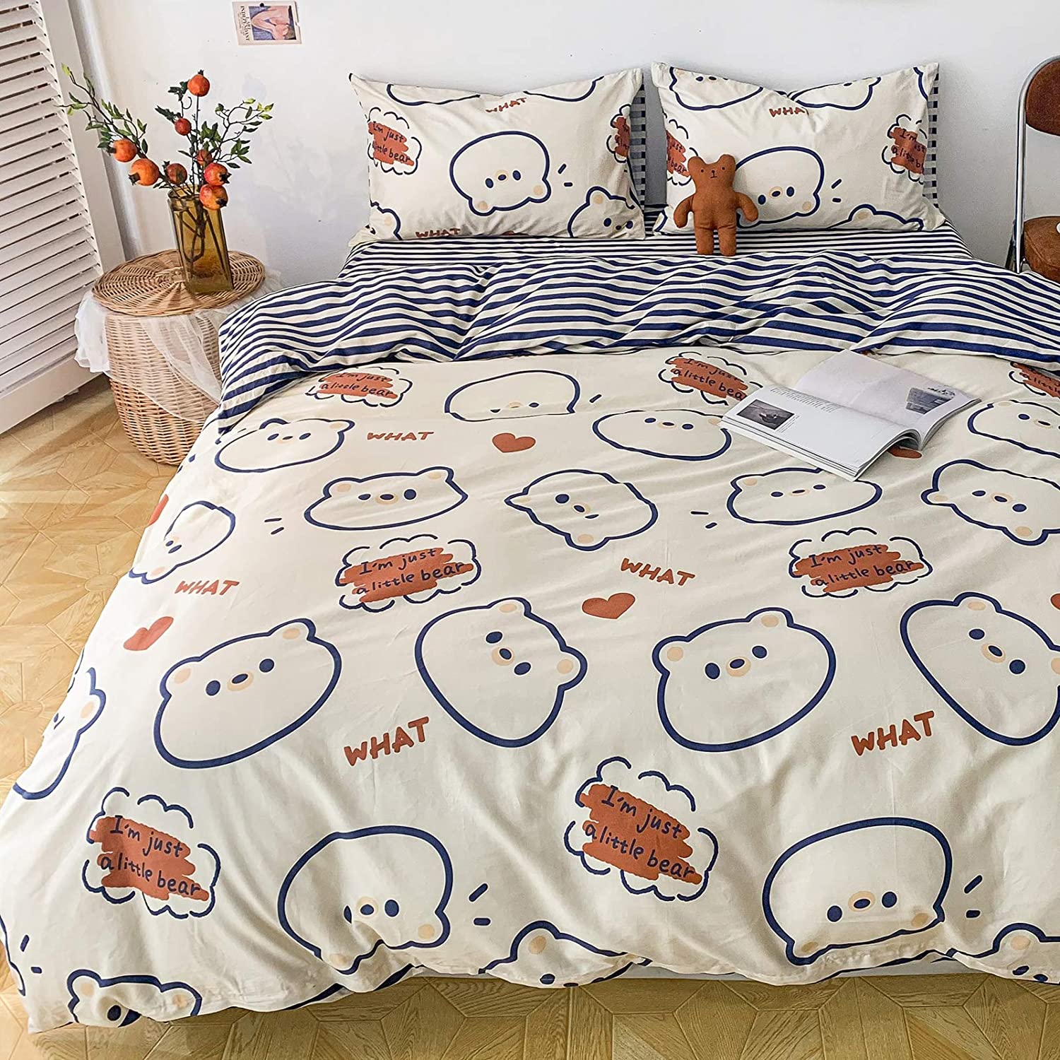 Price:$49.62 Bear Duvet Cover Set Queen 100% Cotton Cartoon Polar Bear Print on Cream White Bedding 1 Animal Comforter Cover Full with Zipper Ties 2 Pillowcases for Kids Teens Boys Girls Women : Home & Kitchen