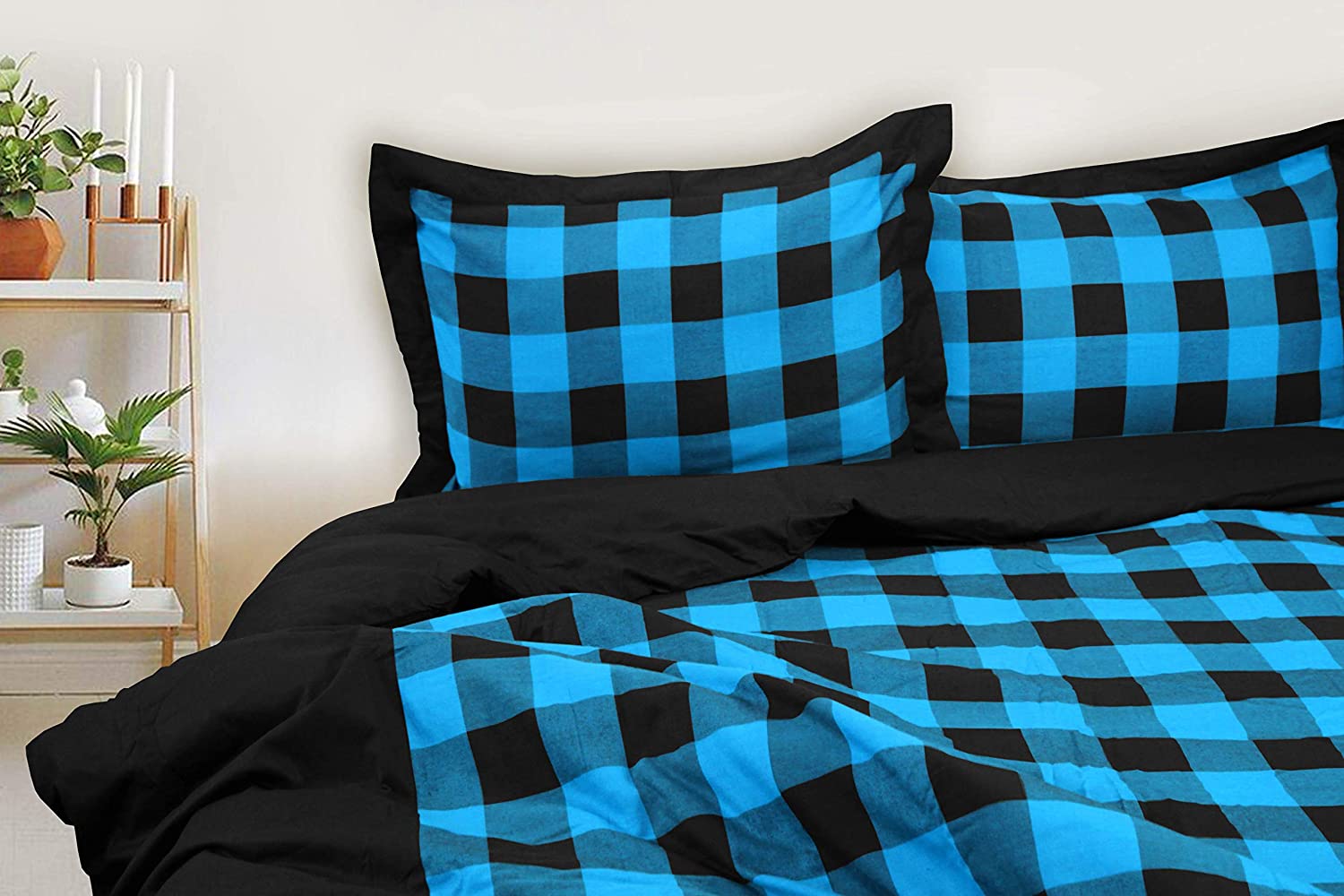 Price:$40.00 Home Buffalo Checks 100% Natural Cotton 3 pc Checkered Duvet Cover Set, Modern Style Bedding Soft Feel Hidden Buttons - Queen (Black & Blue) : Home & Kitchen