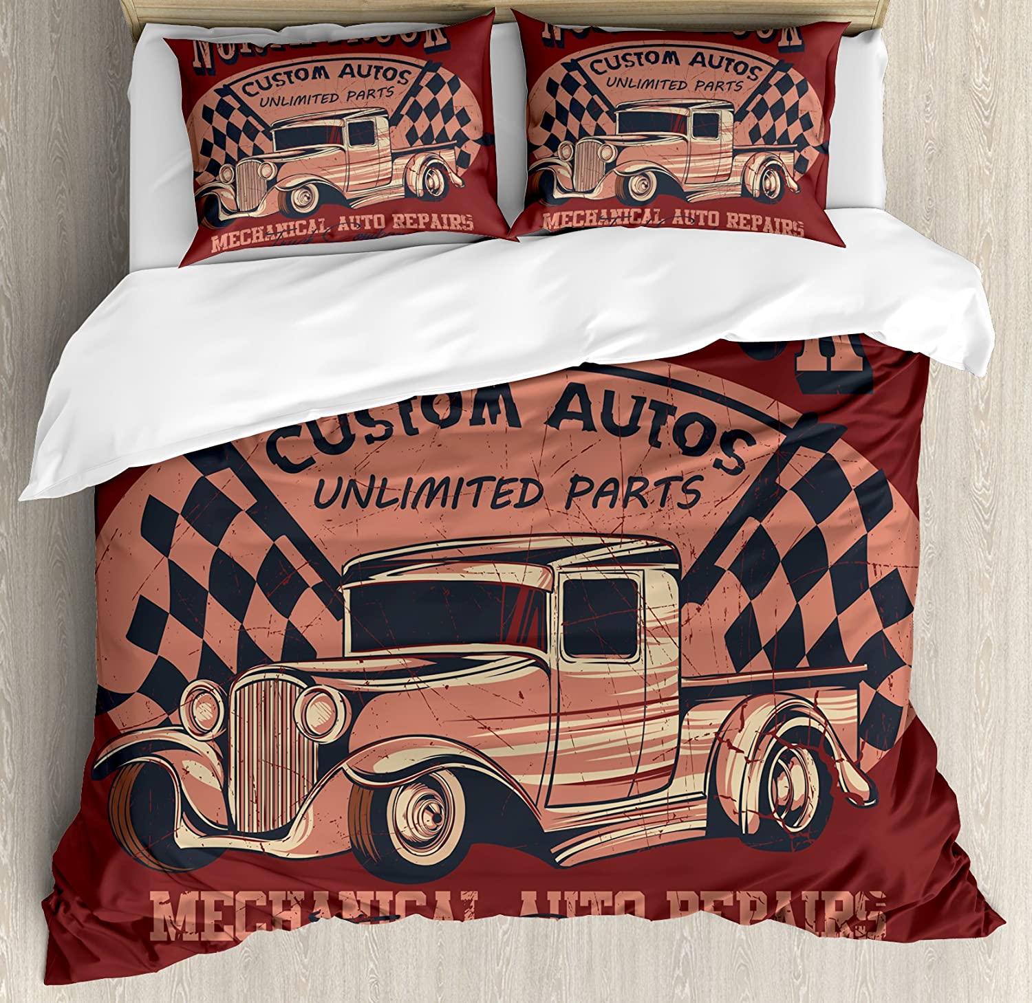 Price:$89.95 Man Cave Duvet Cover Set, North Truck Mechanical Auto Repairs Custom Autos Vintage Advertising, Decorative 3 Piece Bedding Set with 2 Pillow Shams, King Size, Black Maroon : Home & Kitchen