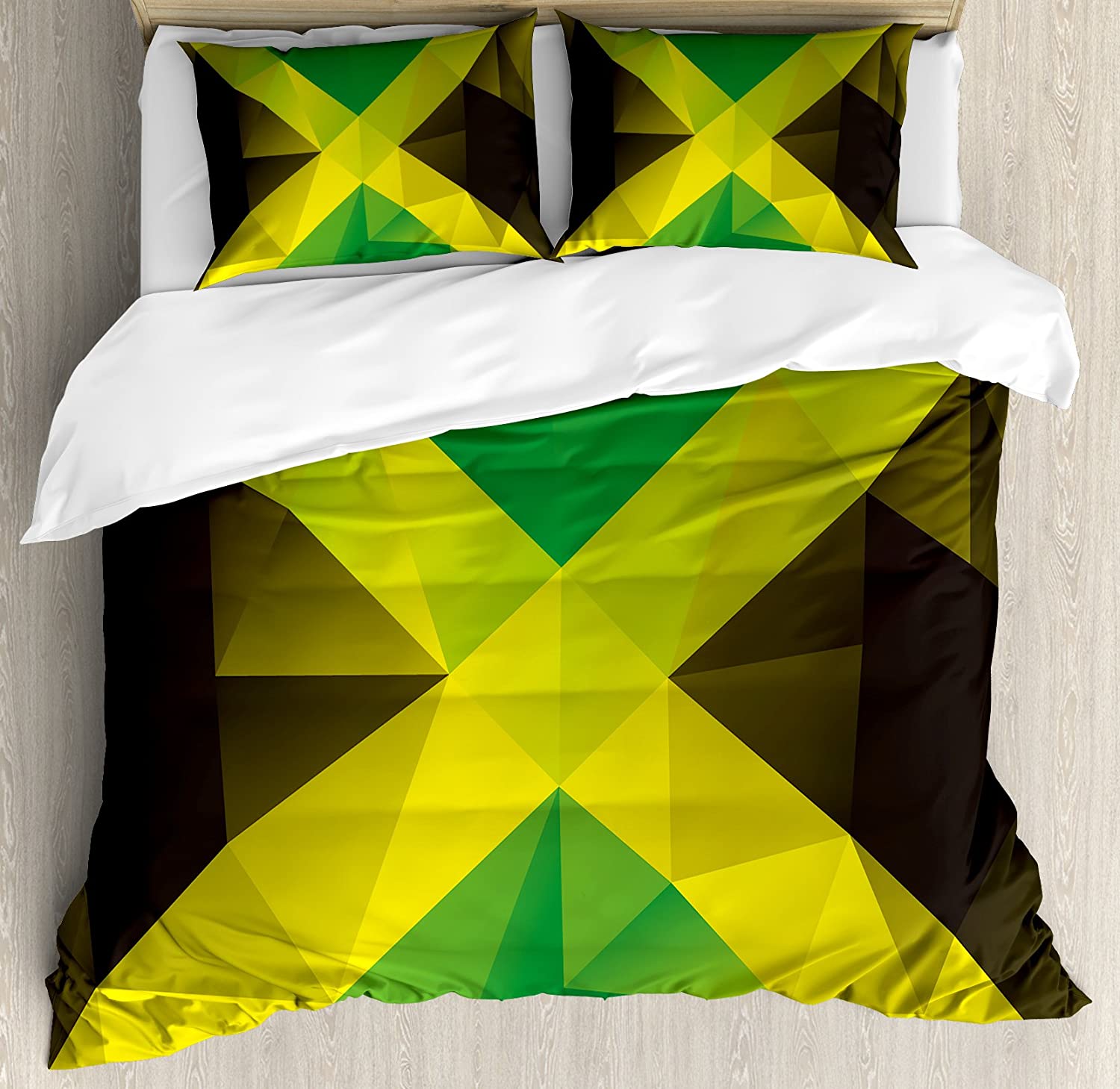 Price:$89.95 Jamaican Duvet Cover Set, Triangular Polygon Design Abstract Flag Geometric National, Decorative 3 Piece Bedding Set with 2 Pillow Shams, King Size, Yellow Green : Home & Kitchen