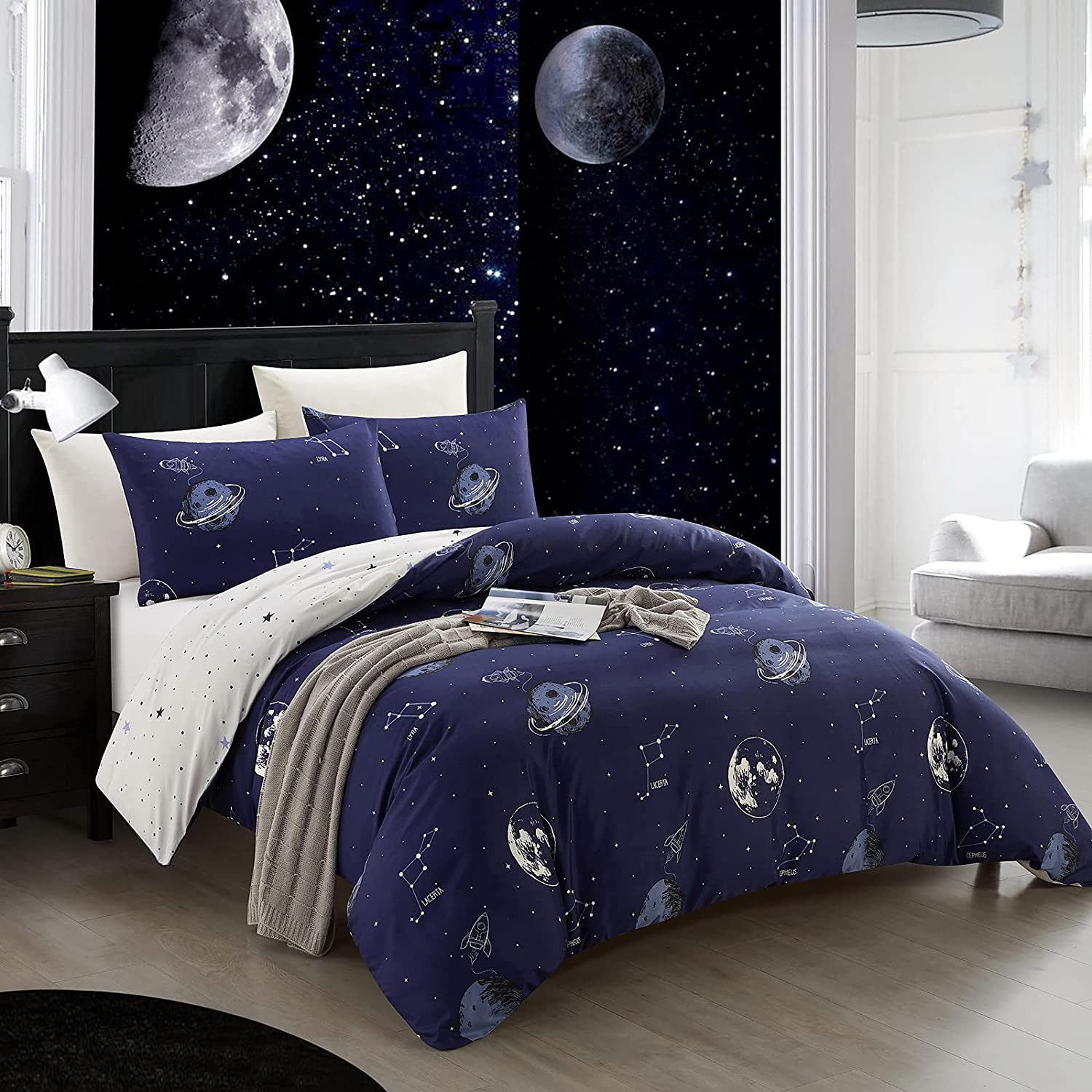 Price:$24.99 HOME Reversible Duvet Cover King Size Set, Blue White Galaxy Space Comforter Cover Sets, Soft Brushed Microfiber Duvet Cover with Corner Ties and 2 Pillowcases, Galaxy Planets Bedding Set : Home & Kitchen