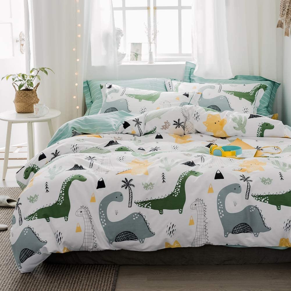 Price:$52.99 Jurassic Dinosaur Duvet Cover Set, 100% Cotton Bedding for Kids Boys Girls Teens, Cartoon Long-Necked Dragon Cactus Pattern Print on White, 1 Full Comforter Cover 2 Pillow Shams (Queen) : Home & Kitchen
