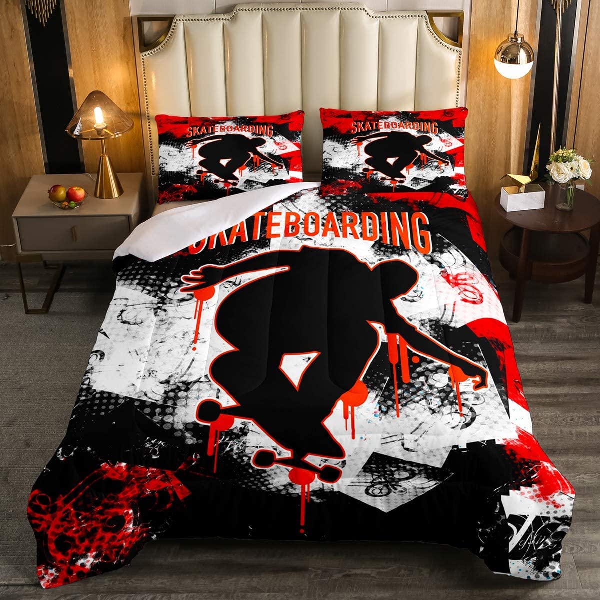 Price:$49.99 Youth Graffiti Comforter Set Kids Boys Teens Skateboard Sports Bedding Set Trippy Hip Pop Duvet Skater Silhouettes Quilted Duvet Set with 2 Pillow Shams Full Size Red Black 3Pcs : Home & Kitchen