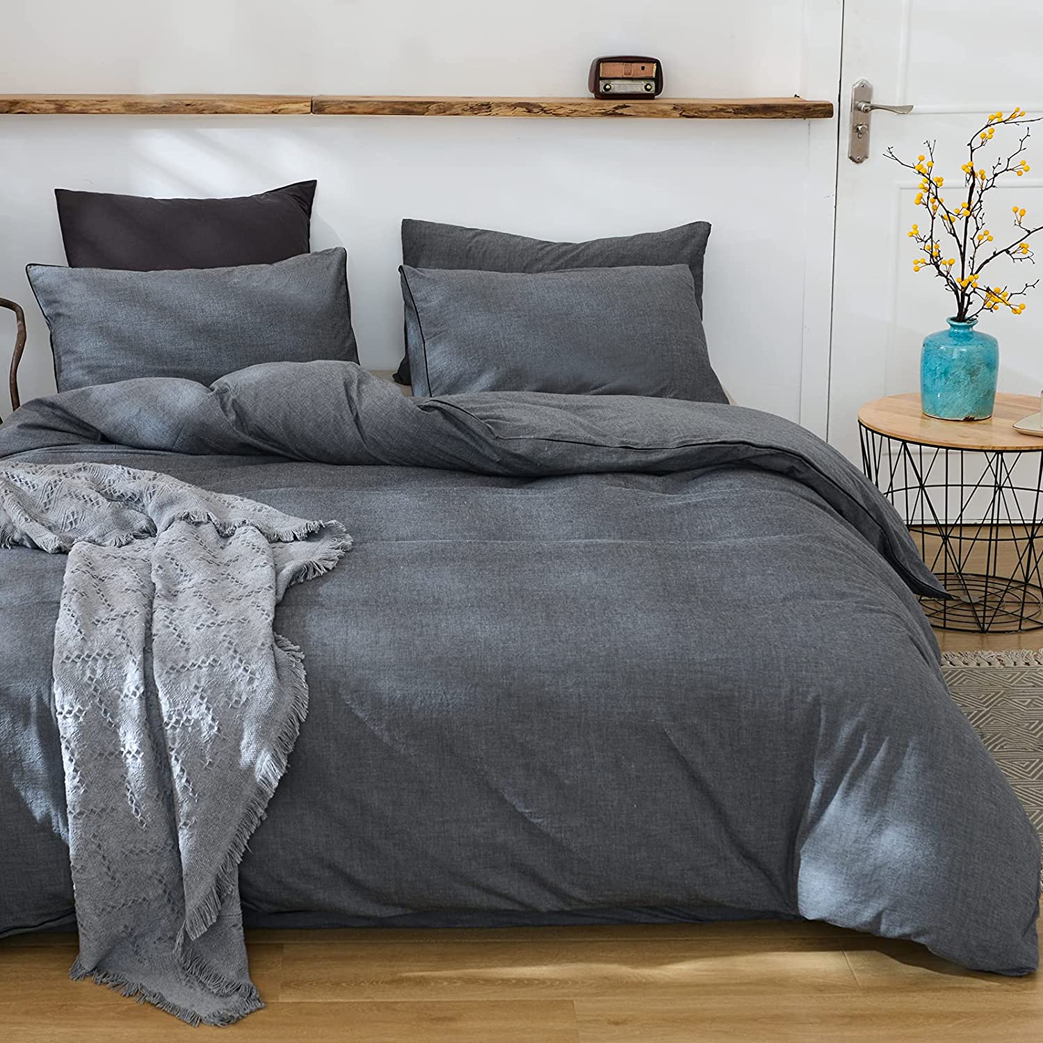 Price:$39.99 100% Washed Cotton Duvet Cover Queen 3pcs Bedding Duvet Cover Set Solid Color Soft and Breathable with Zipper Closure & Corner Ties, Dark Grey : Home & Kitchen