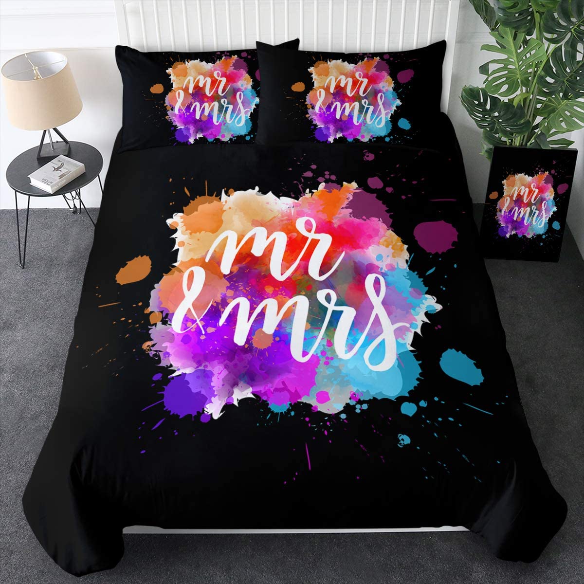 Price:$46.99 Mr and Mrs Bedding Set Rainbow Watercolor Splash Duvet Cover and 2 Pilow Cases 3 Piece Hand Lettered His and Hers Comforter Cover Set Black (Queen) : Home & Kitchen